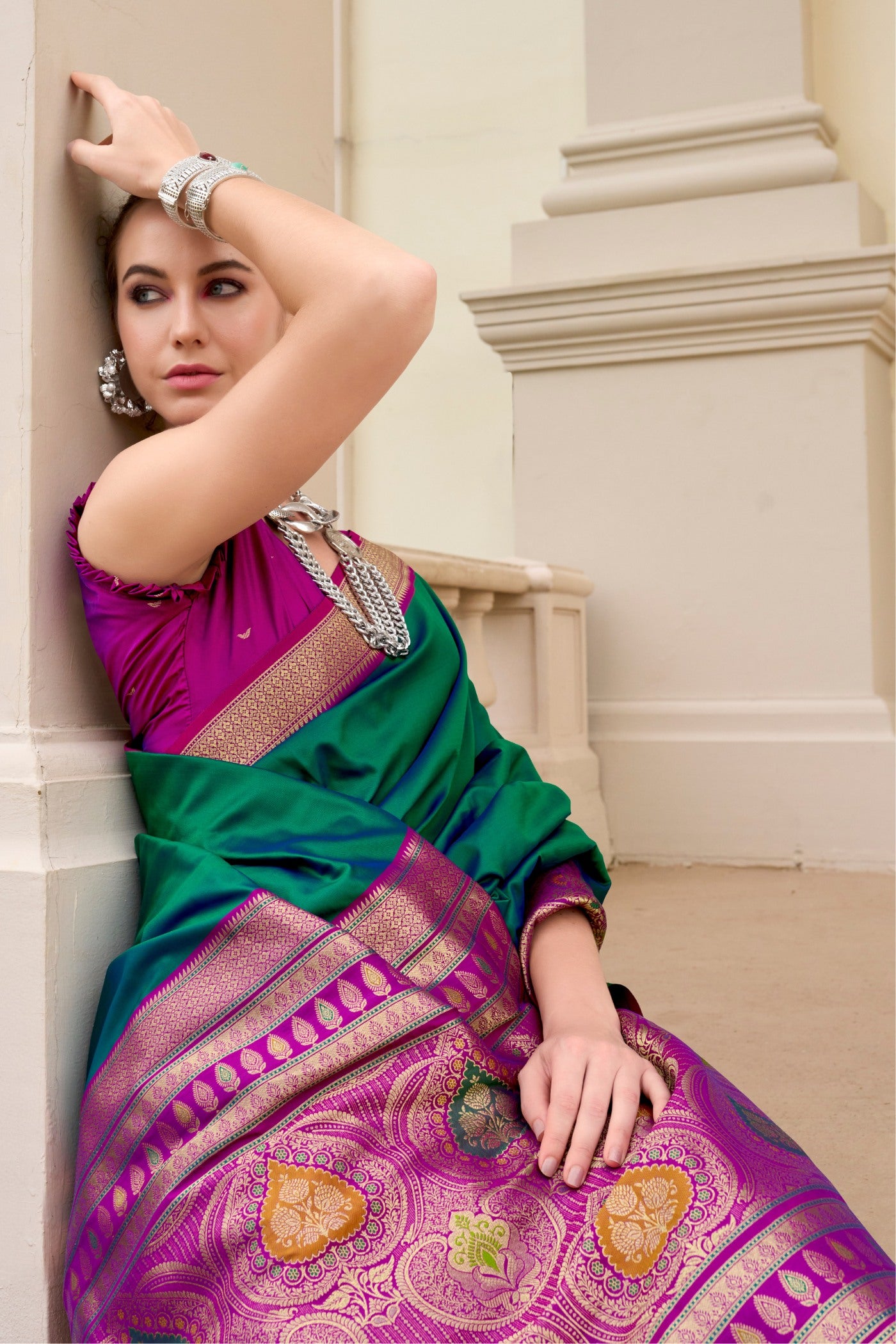 Buy MySilkLove Watercourse Green Woven Banarasi Soft Silk Saree Online