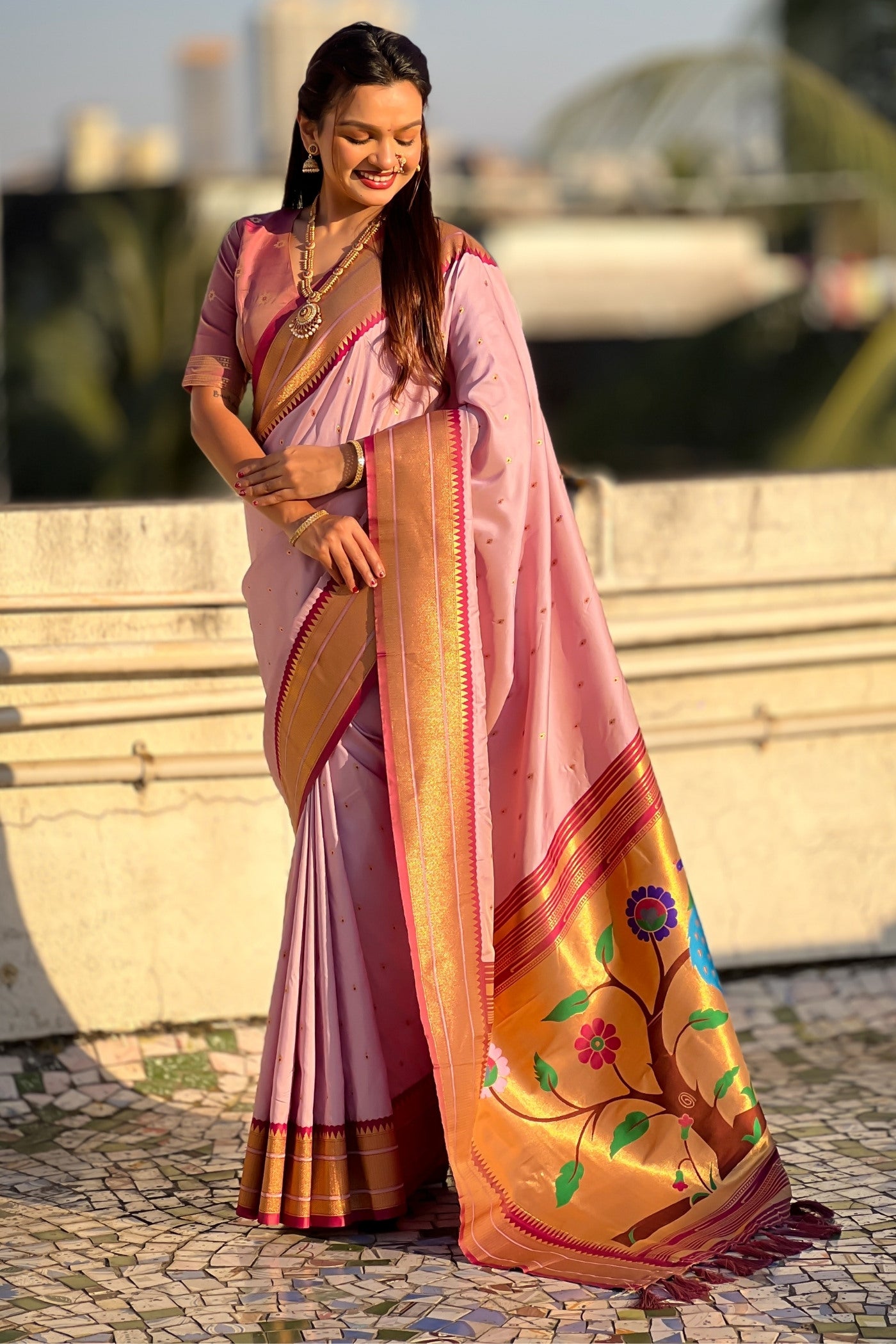 Buy MySilkLove Brilliant Rose Pink Zari Woven Paithani Saree Online
