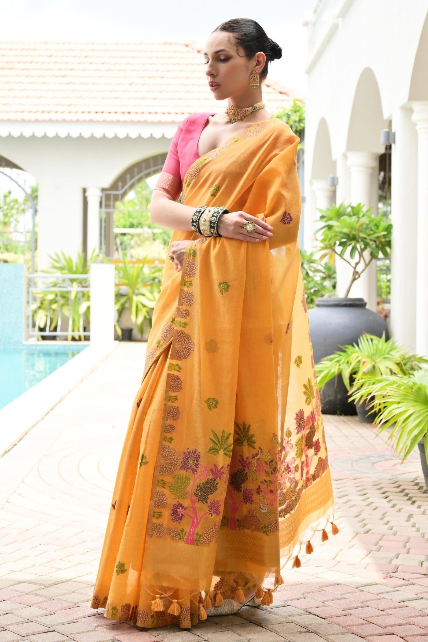 Buy MySilkLove Turmeric Yellow Woven Muga Cotton Saree Online