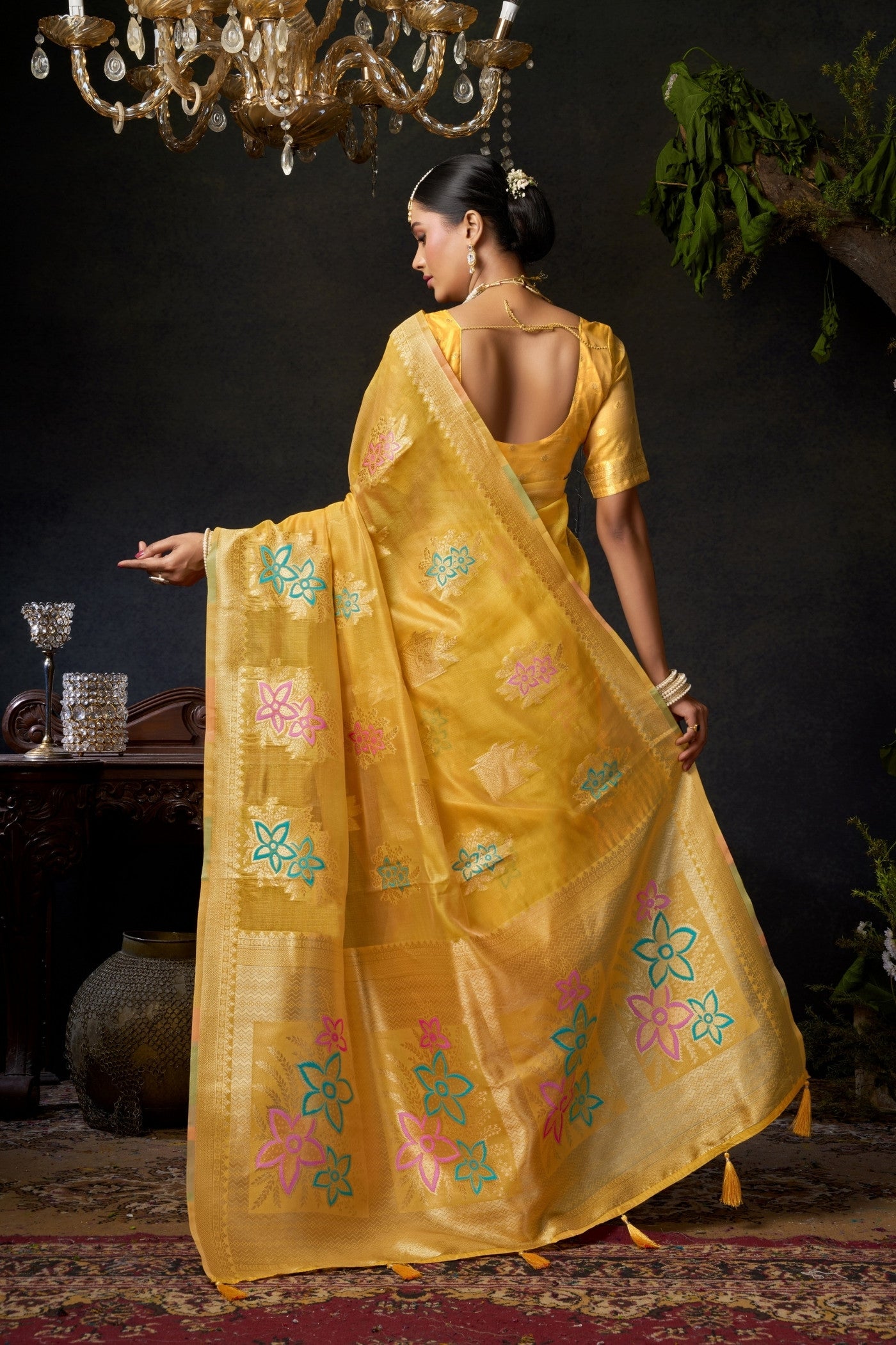 Buy MySilkLove Lemon Yellow Woven Banarasi Organza Saree Online