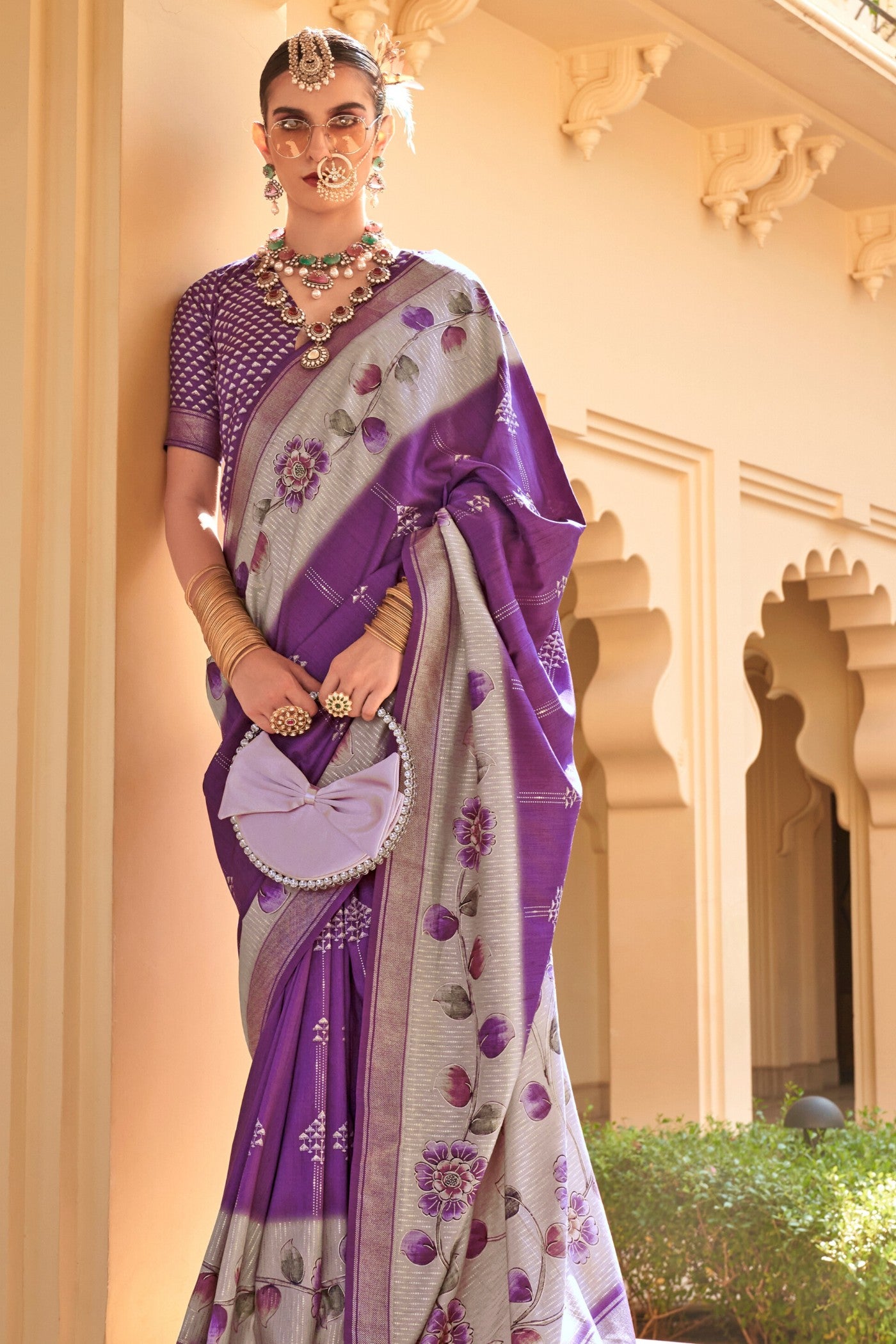 Buy MySilkLove Razzmic Berry Purple Floral Printed Banarasi Saree Online