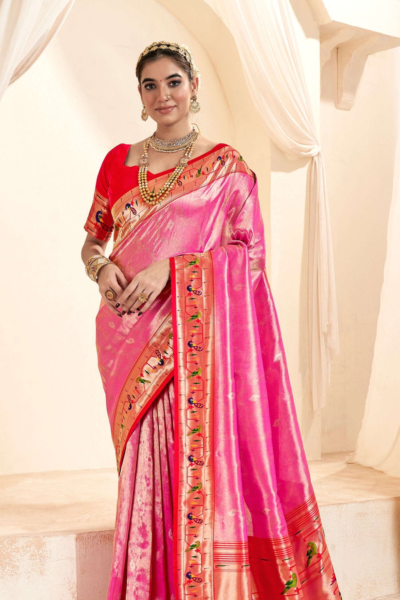 Buy MySilkLove Coral Pink Zari Woven Paithani Tissue Saree Online