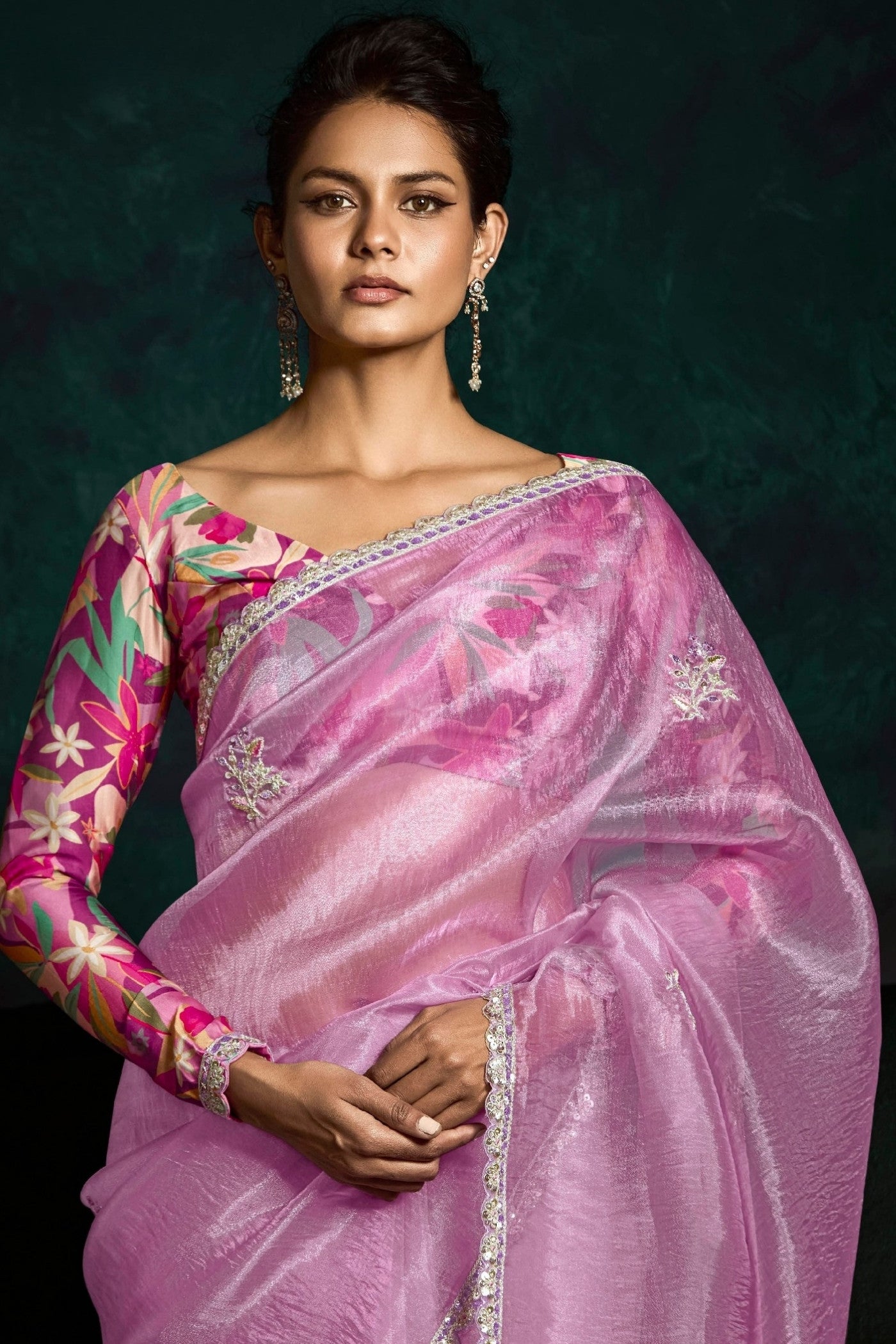 Buy MySilkLove Bubblegum Pink Embroidered Tissue Designer Saree Online