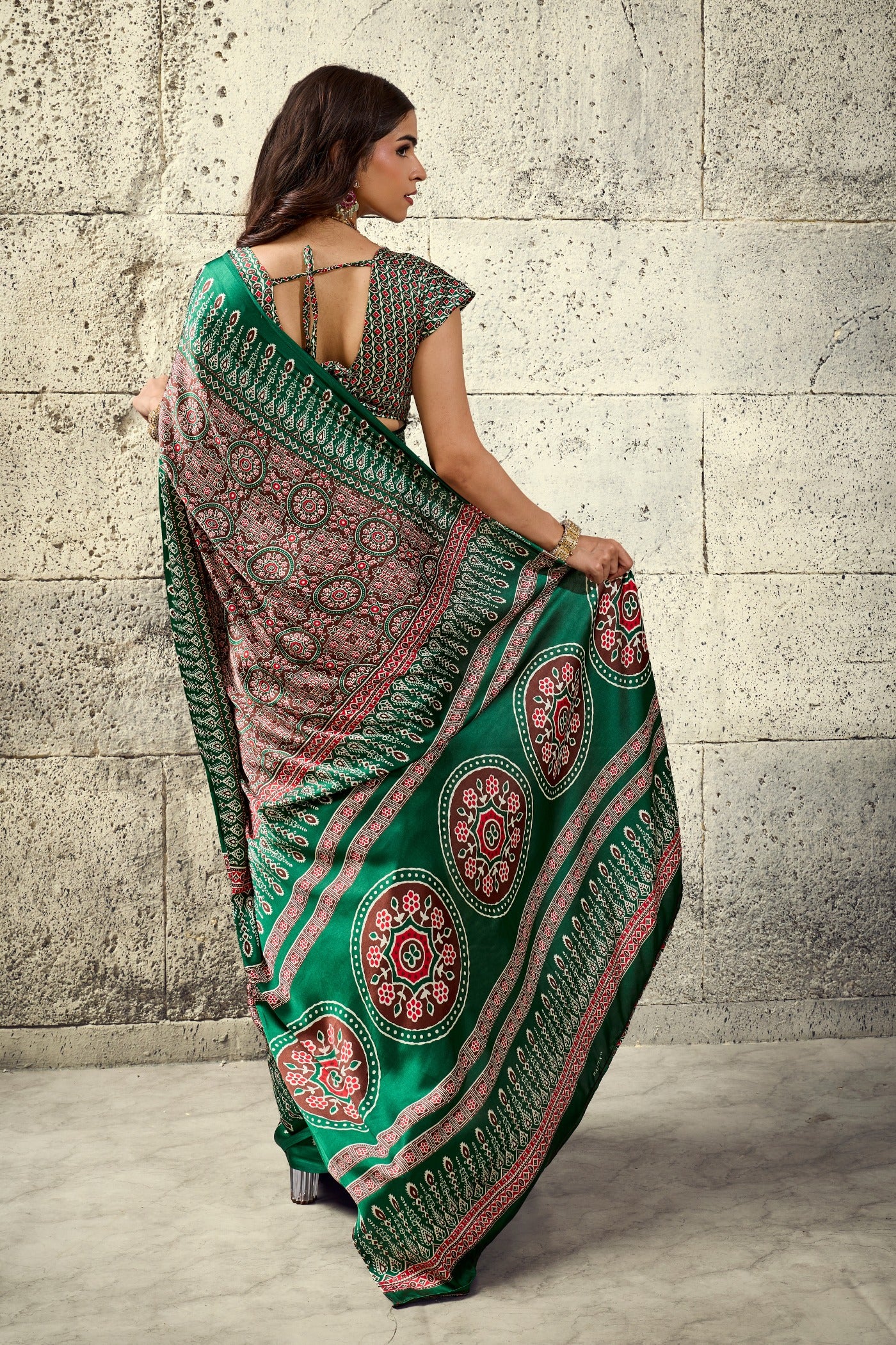 Buy MySilkLove Rust Brown and Green Modal Ajrakh Satin Printed Silk Saree Online