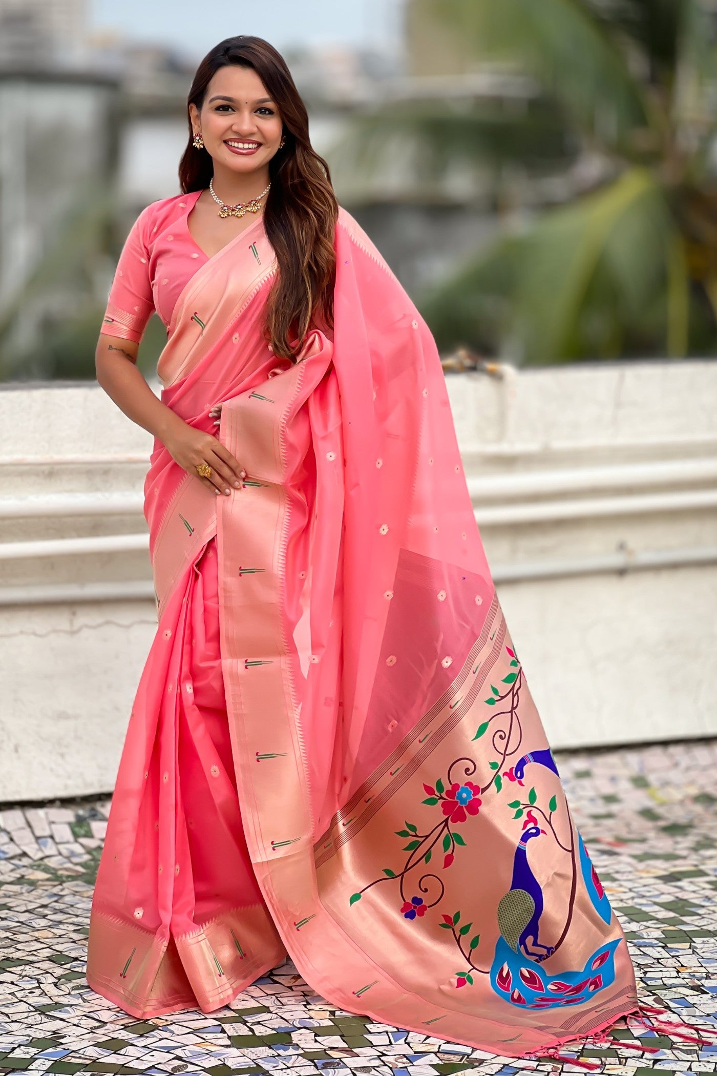 Buy MySilkLove Candy Pink Organza Woven Paithani Saree Online