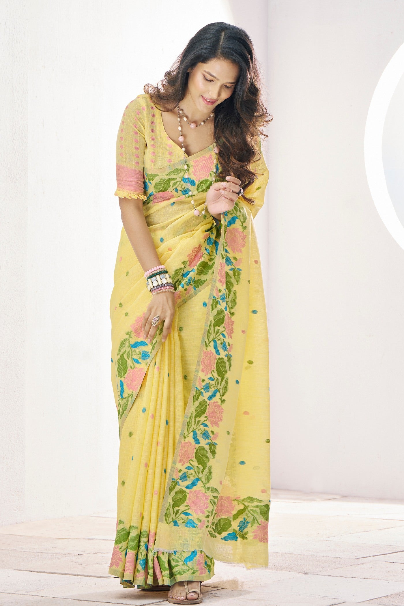 Buy MySilkLove Putty Yellow Woven Linen Saree Online