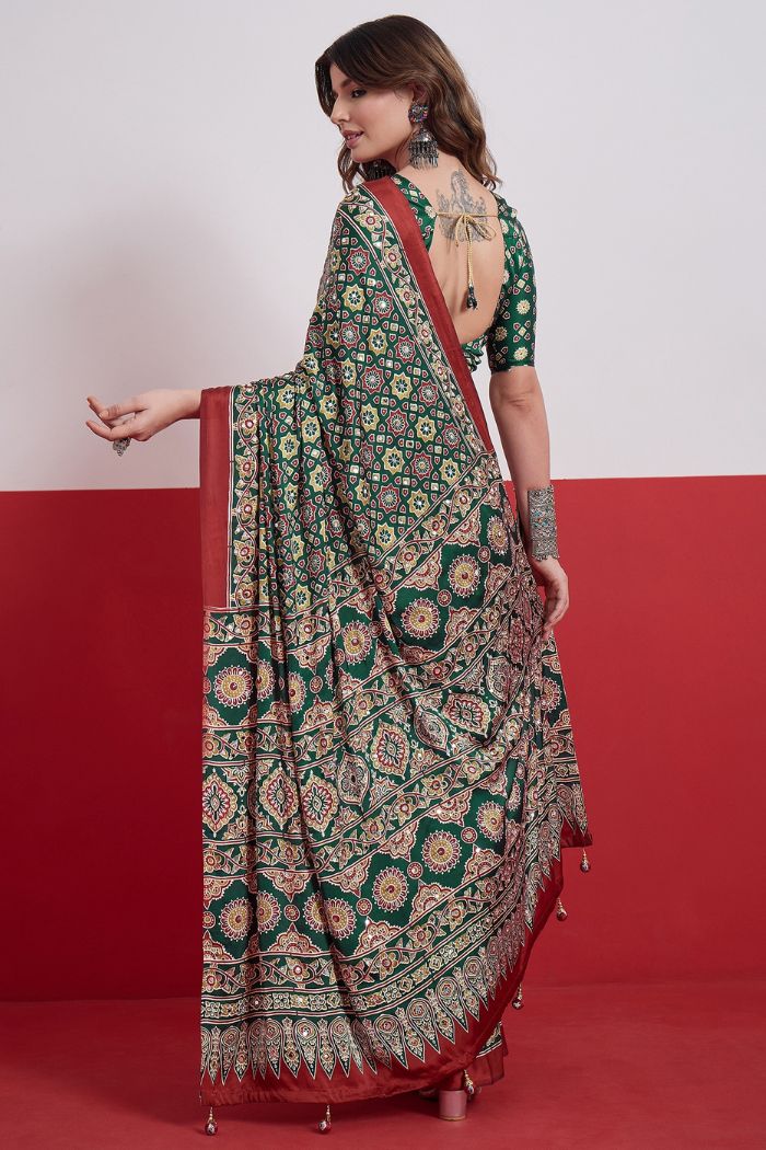 Buy MySilkLove Bottle Green Modal Ajrakh Satin Printed Mirror Work Saree Online
