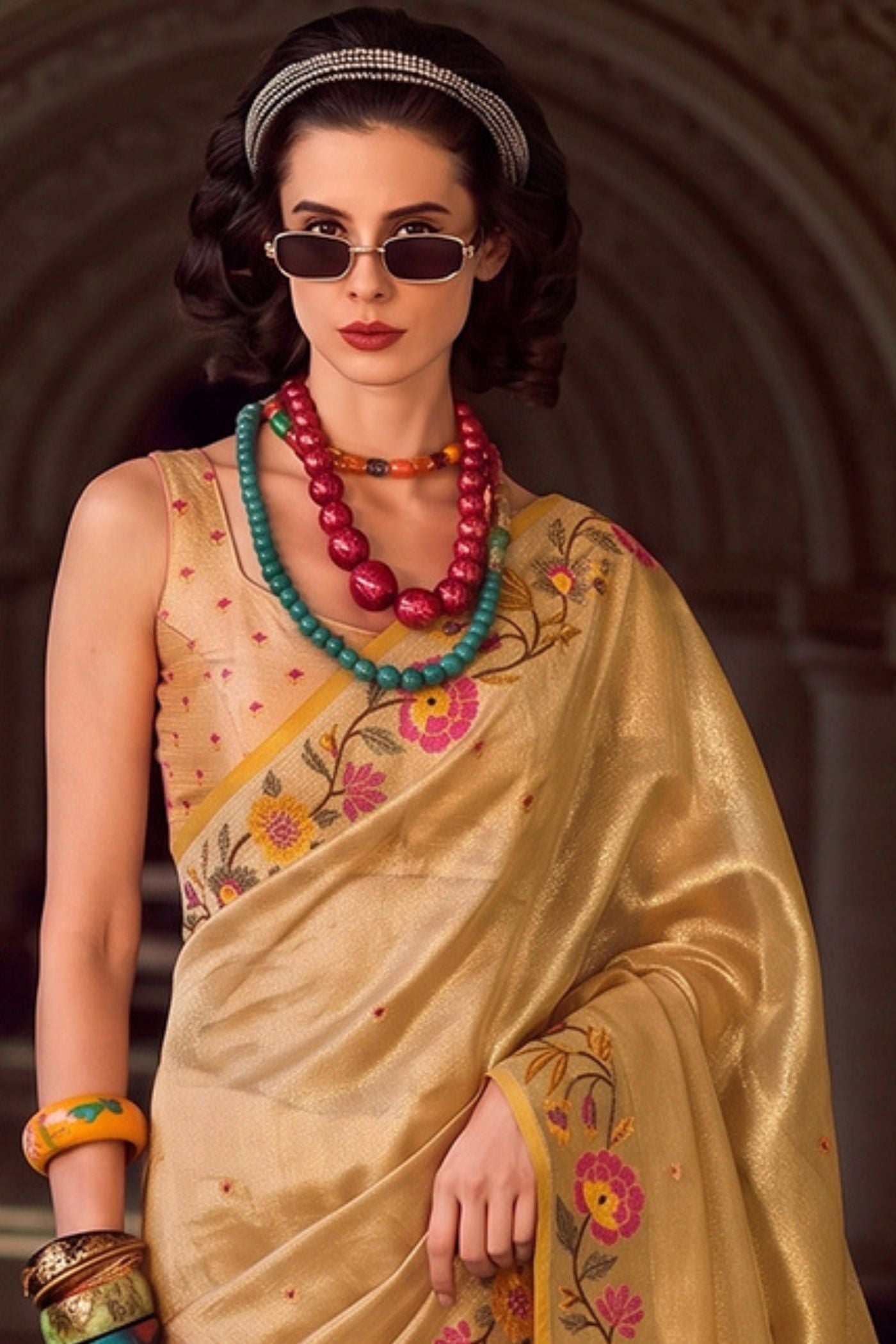 Buy MySilkLove Sunshine Yellow Woven Floral Tissue Saree Online