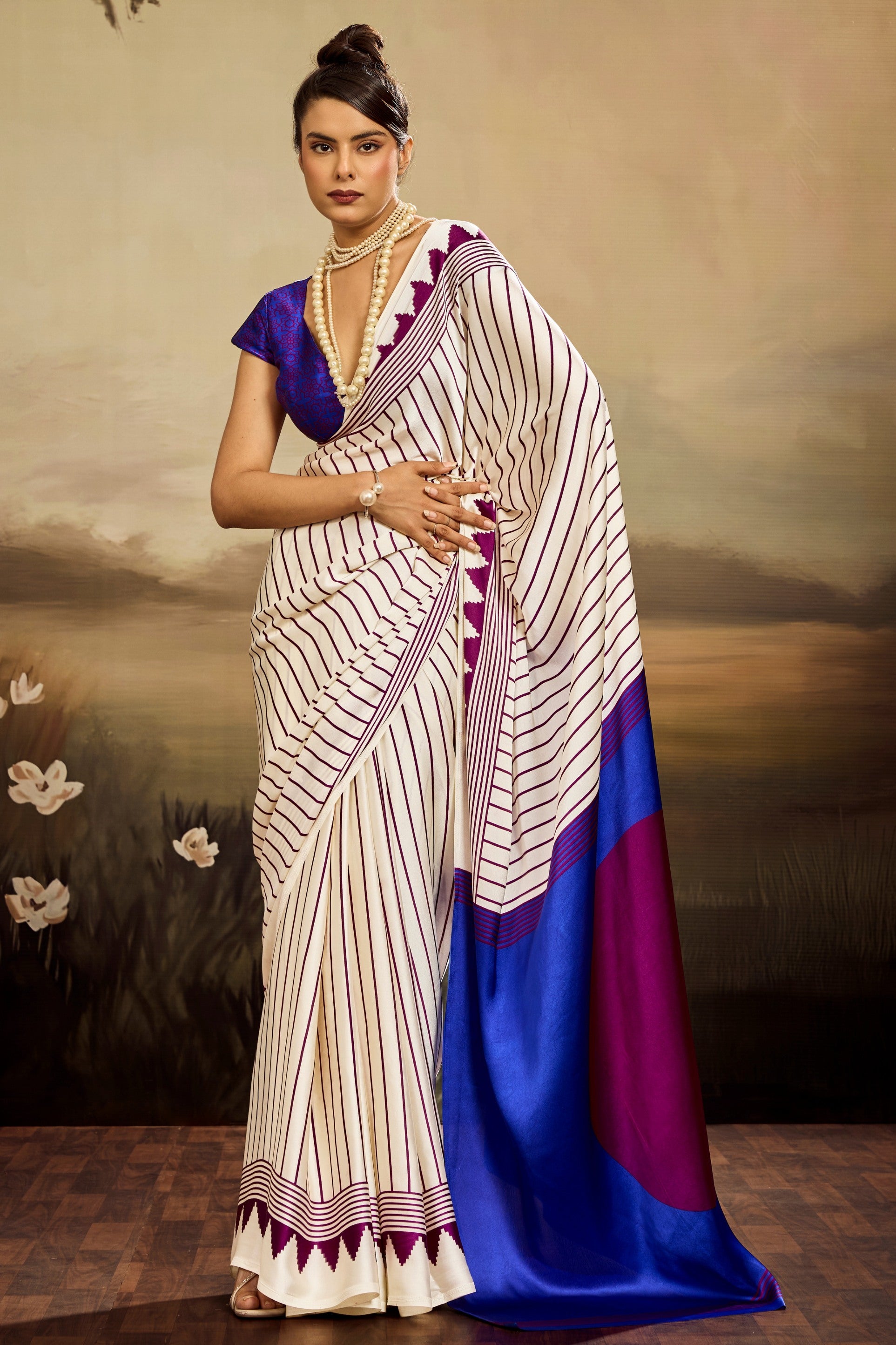 Buy MySilkLove Snow White Ajrakh Printed Satin Crepe Silk Saree Online