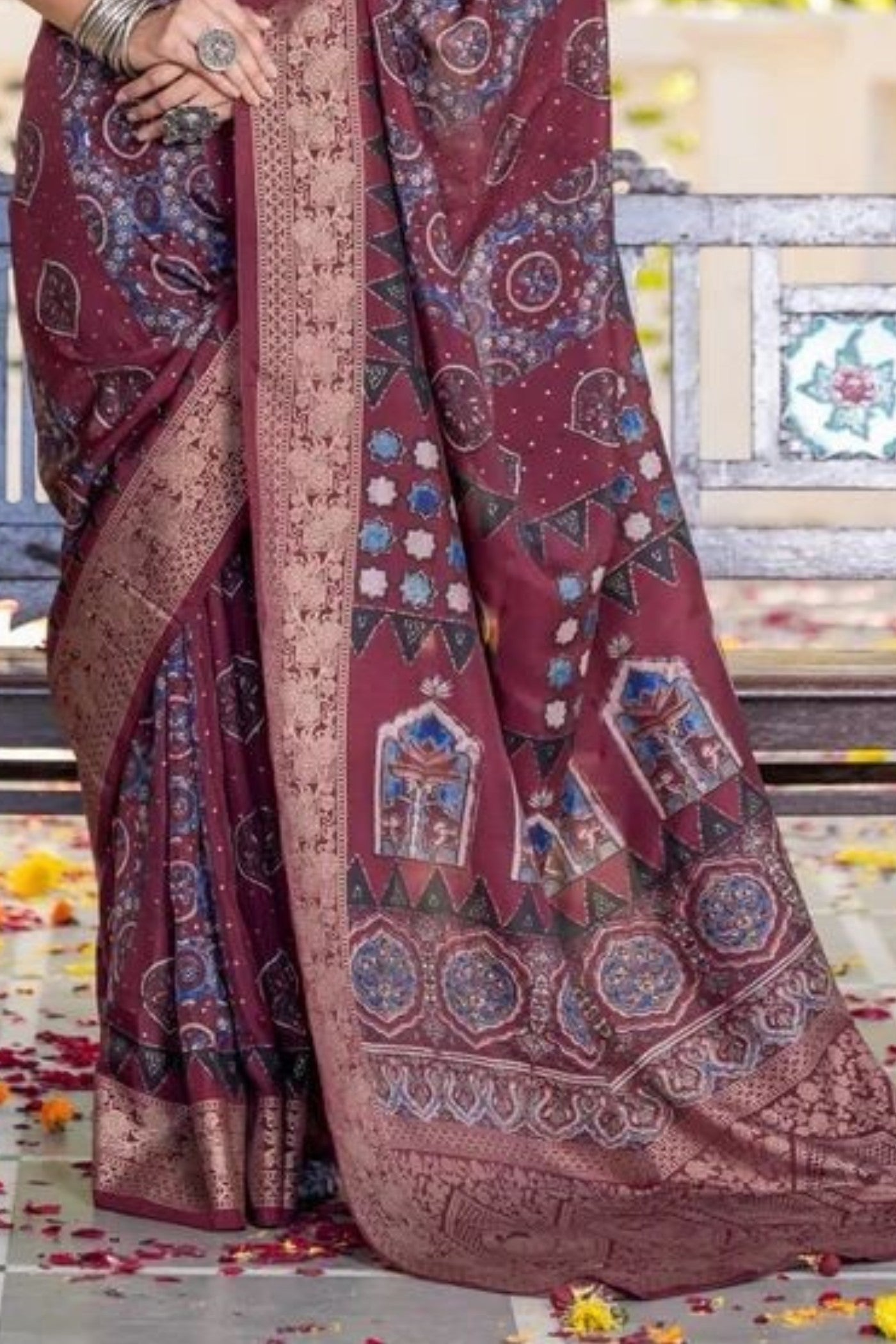 Buy MySilkLove Cedar Maroon Ajrakh Digital Printed Satin Saree Online