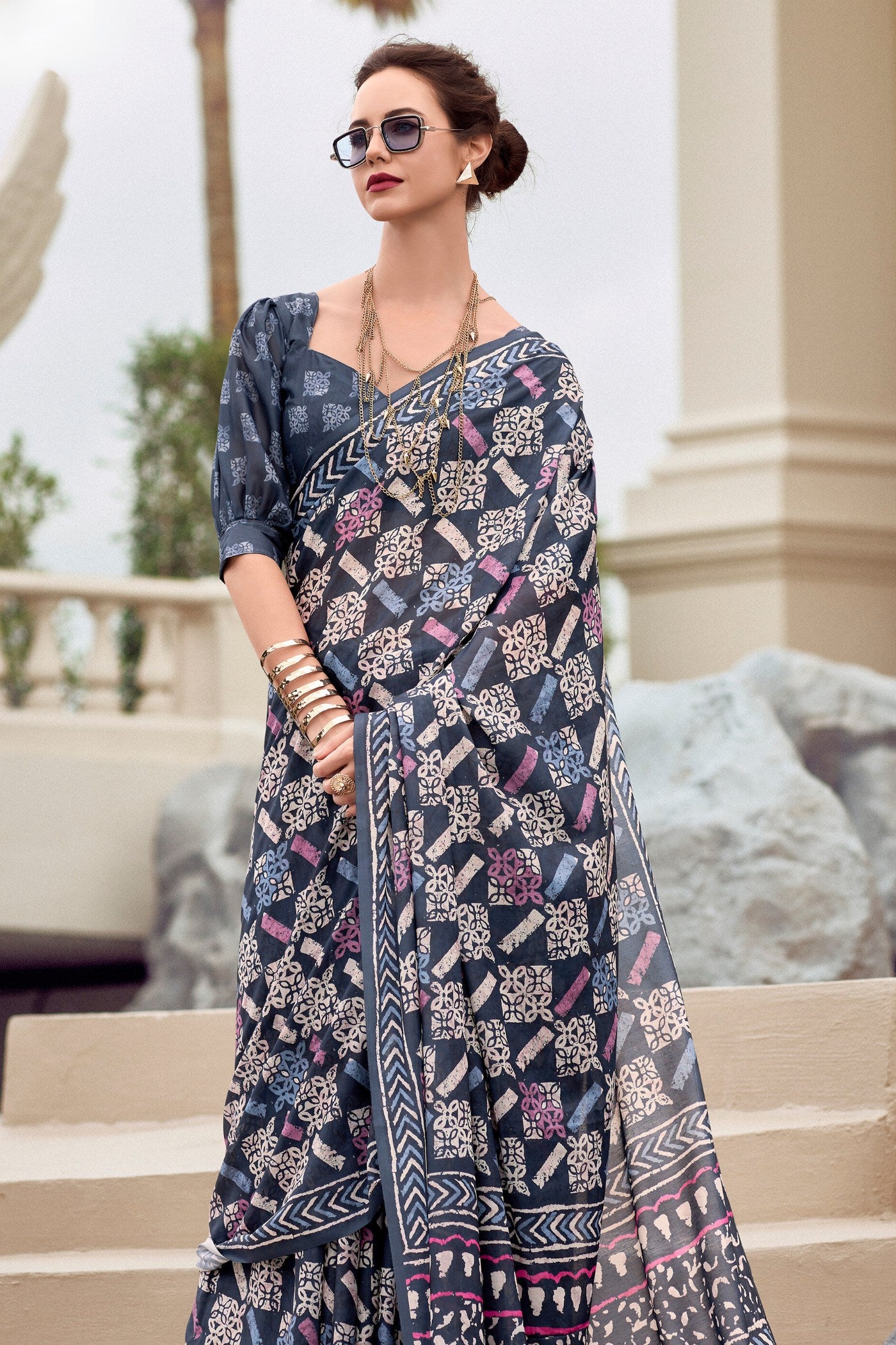 Buy MySilkLove Gun Powder Blue Mul Mul Cotton Saree Online