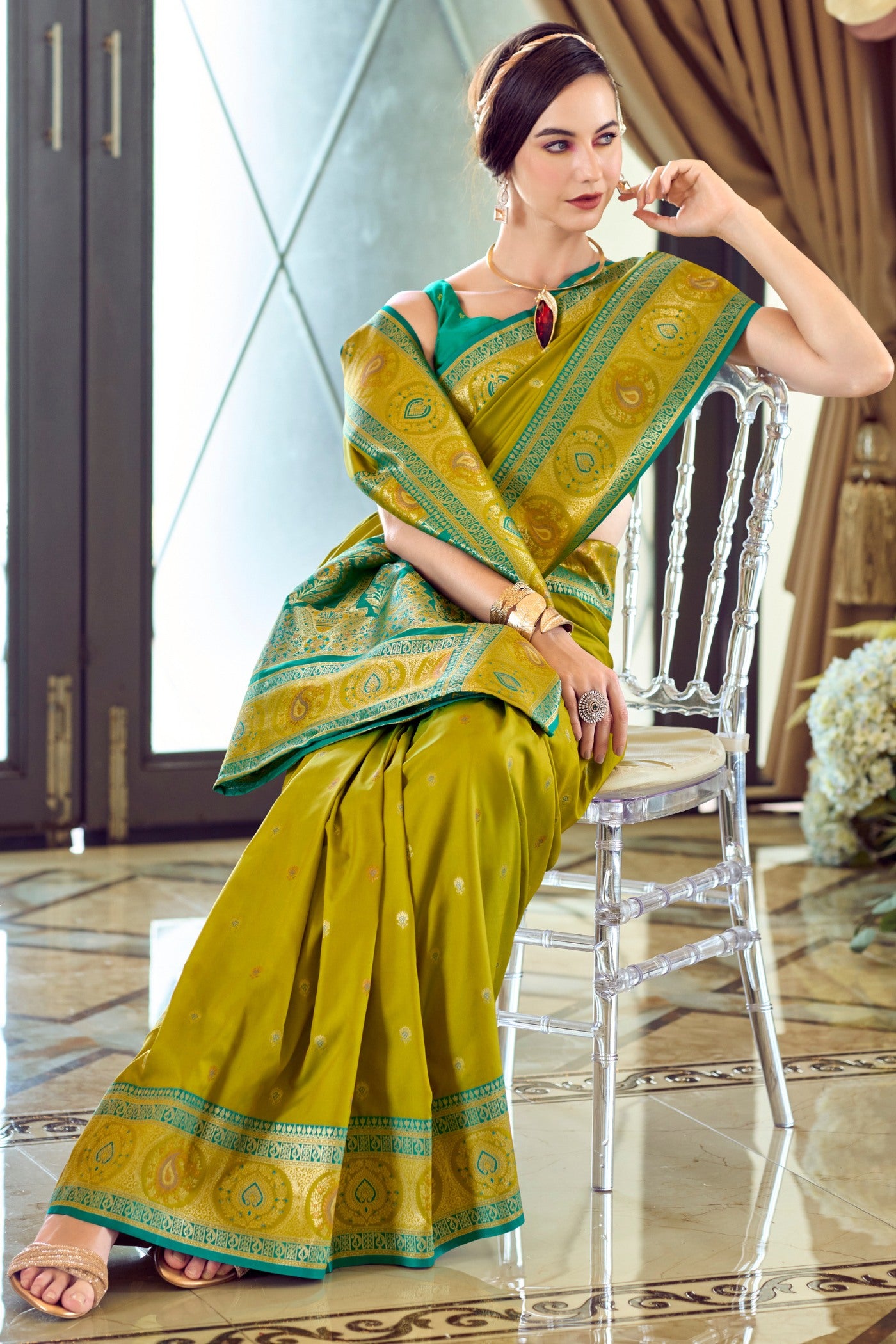 Buy MySilkLove Hacienda Green Woven Banarasi Soft Silk Saree Online