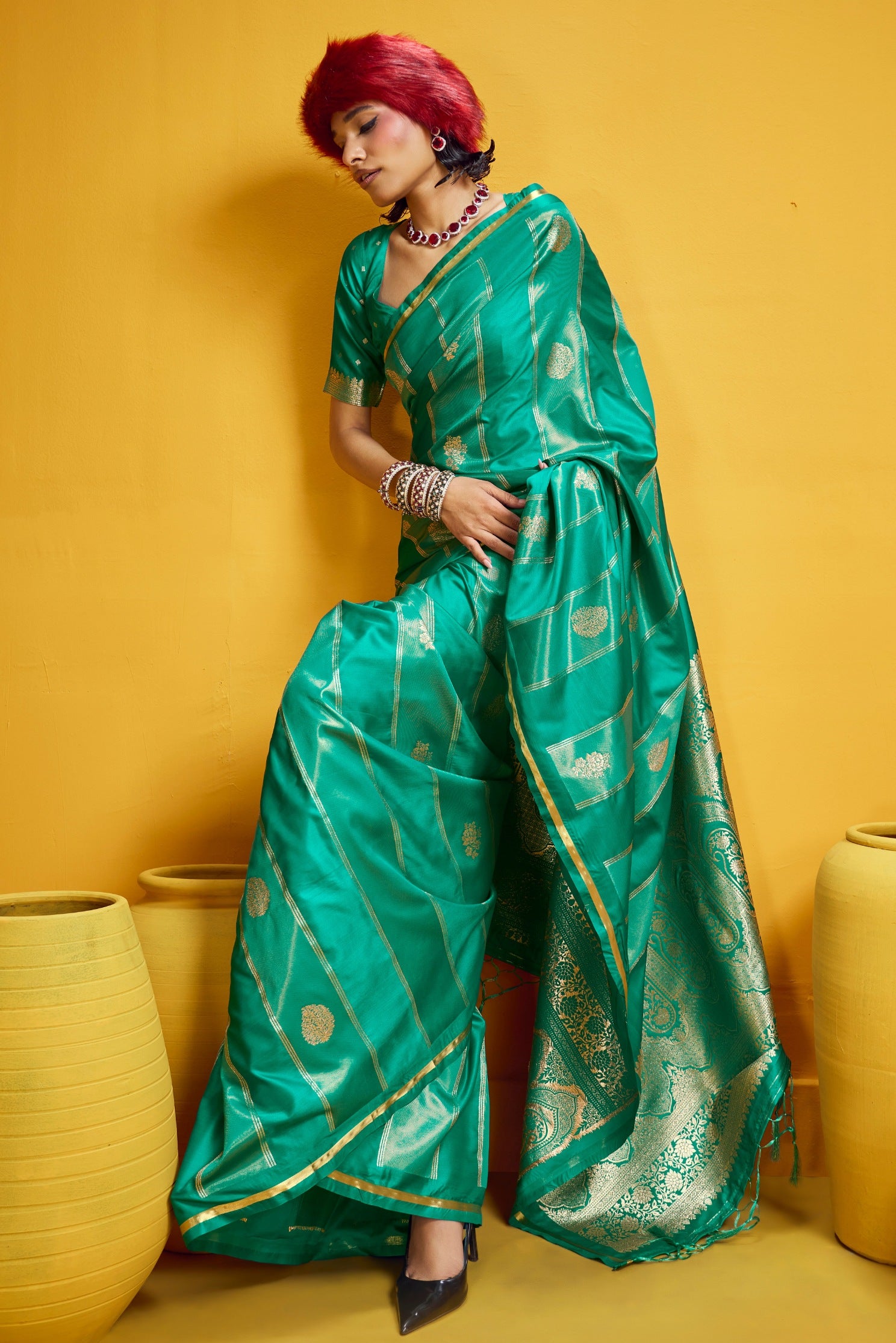 Buy MySilkLove Forest Green Banarasi Handloom Satin Silk Saree Online