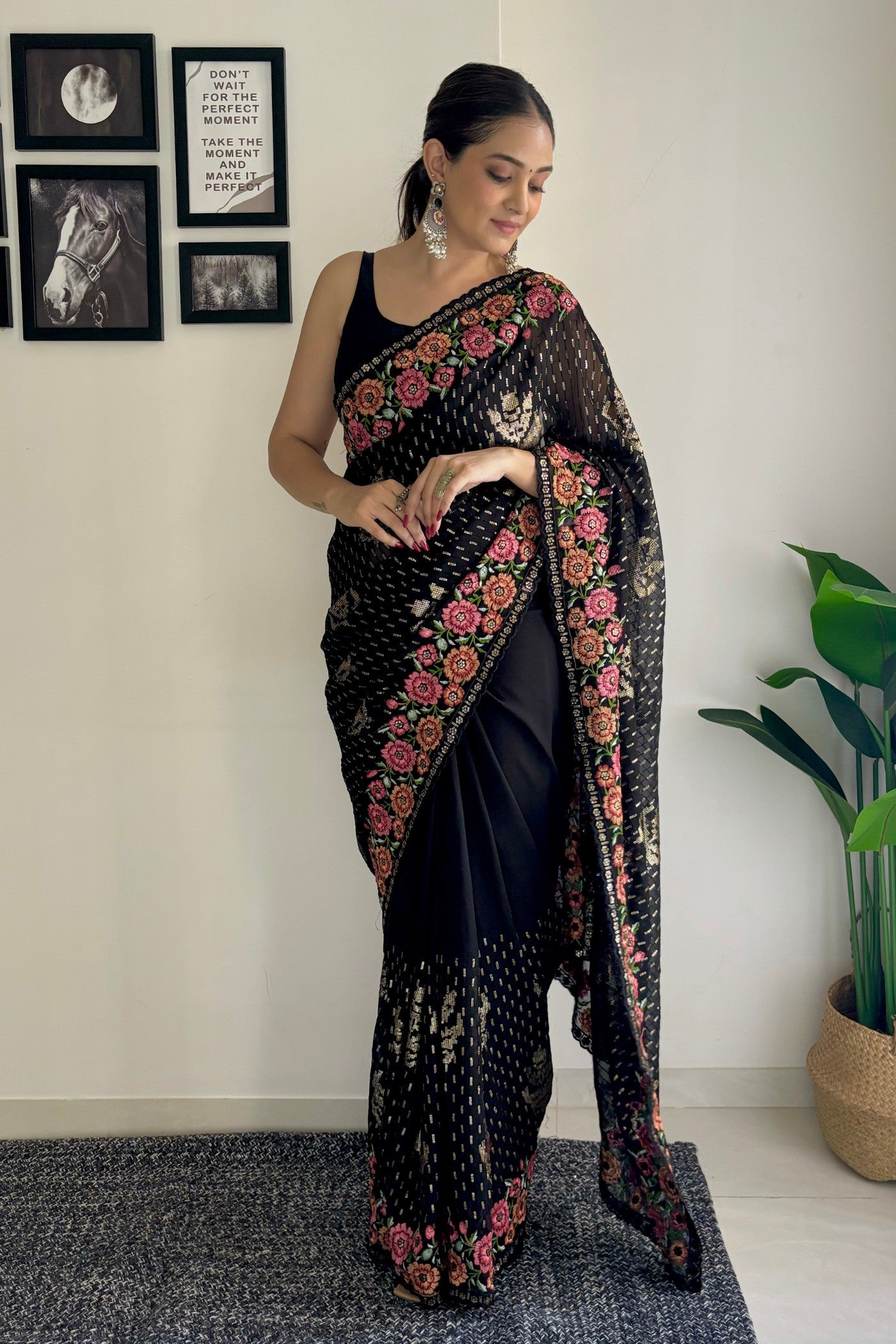 Buy MySilkLove Coral Black Embroidery Designer Georgette Saree Online