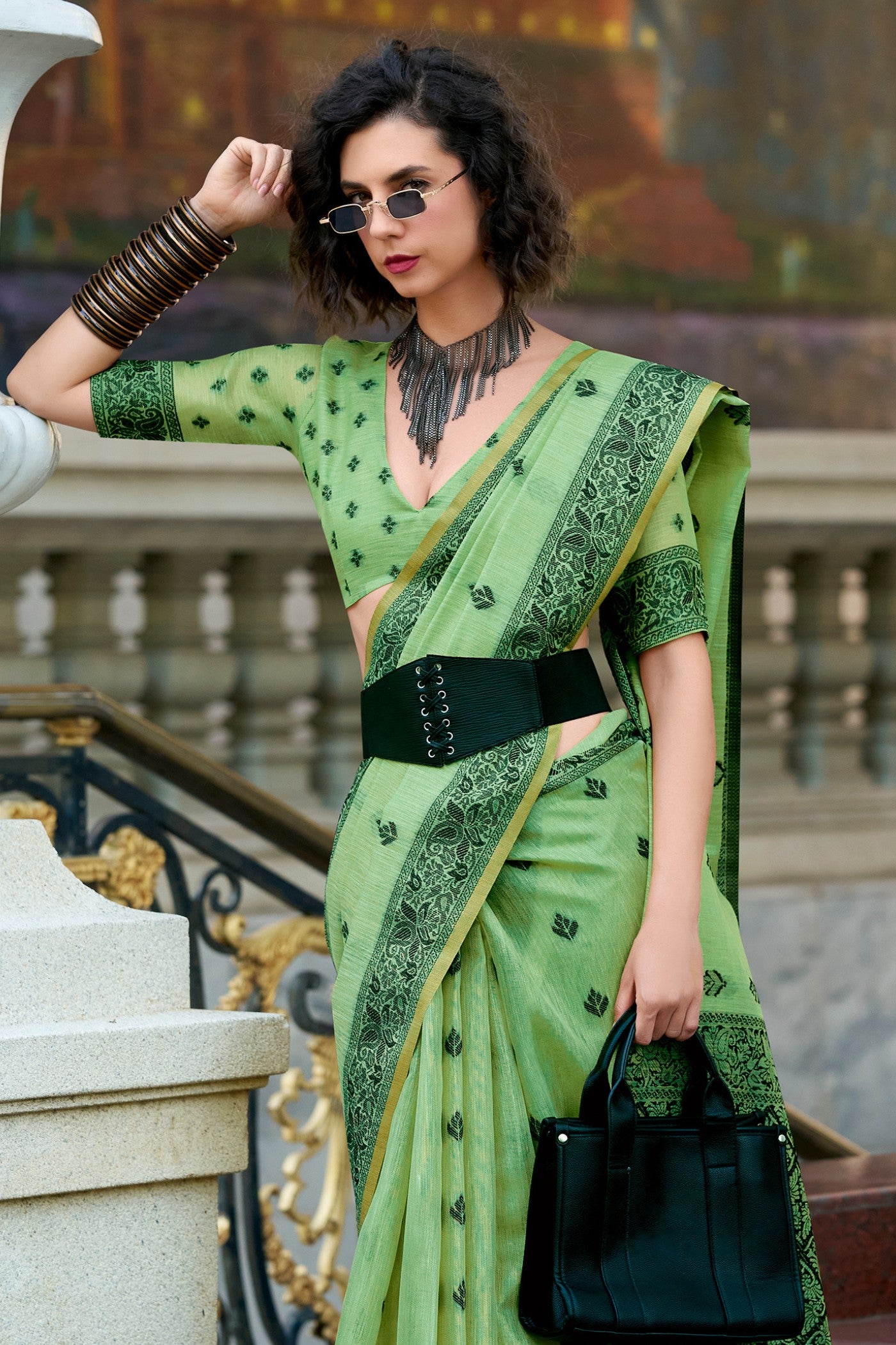 Buy MySilkLove Hunter Green Tissue Linen Saree Online