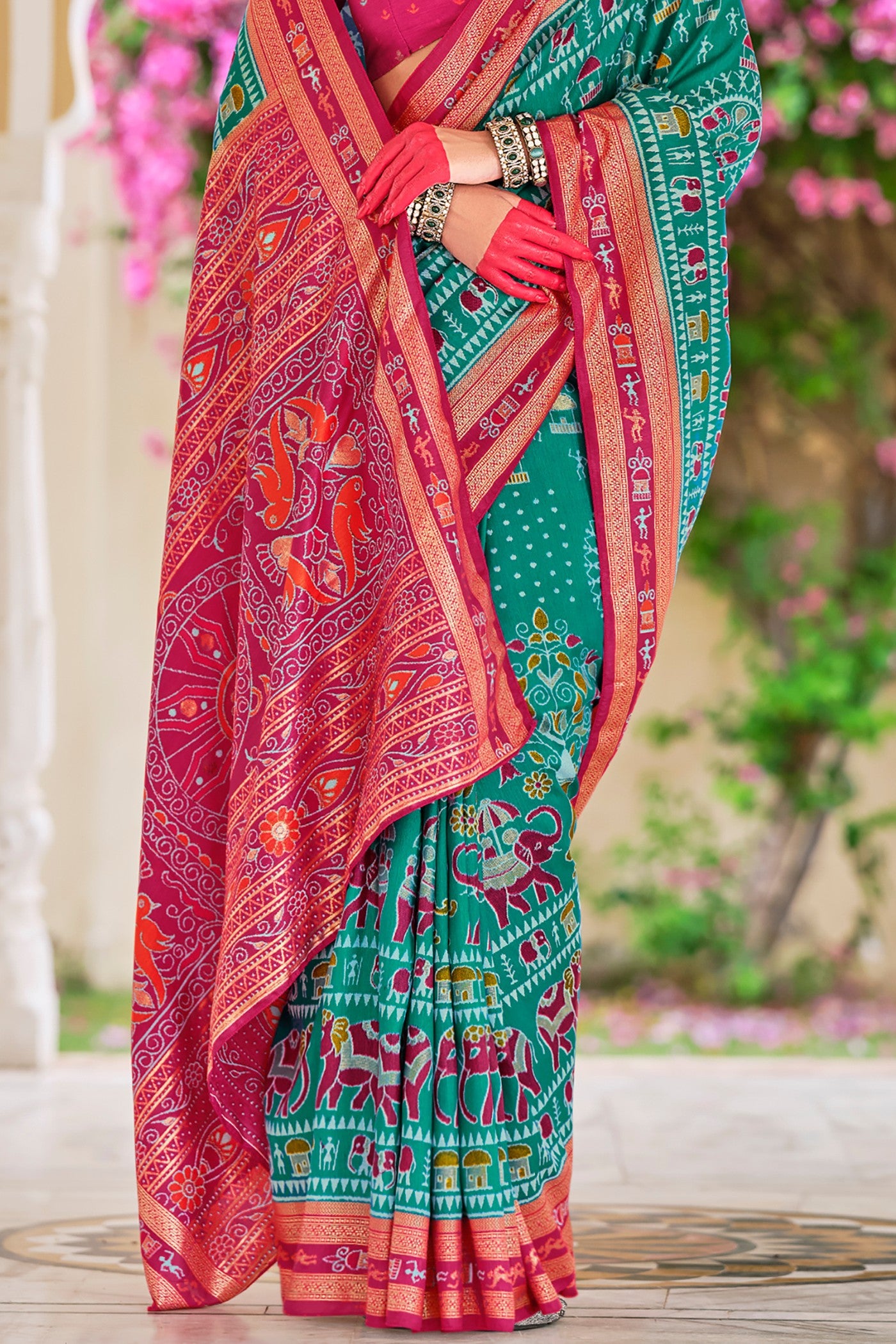 Buy MySilkLove Jungle Green and Pink Printed Patola Saree Online