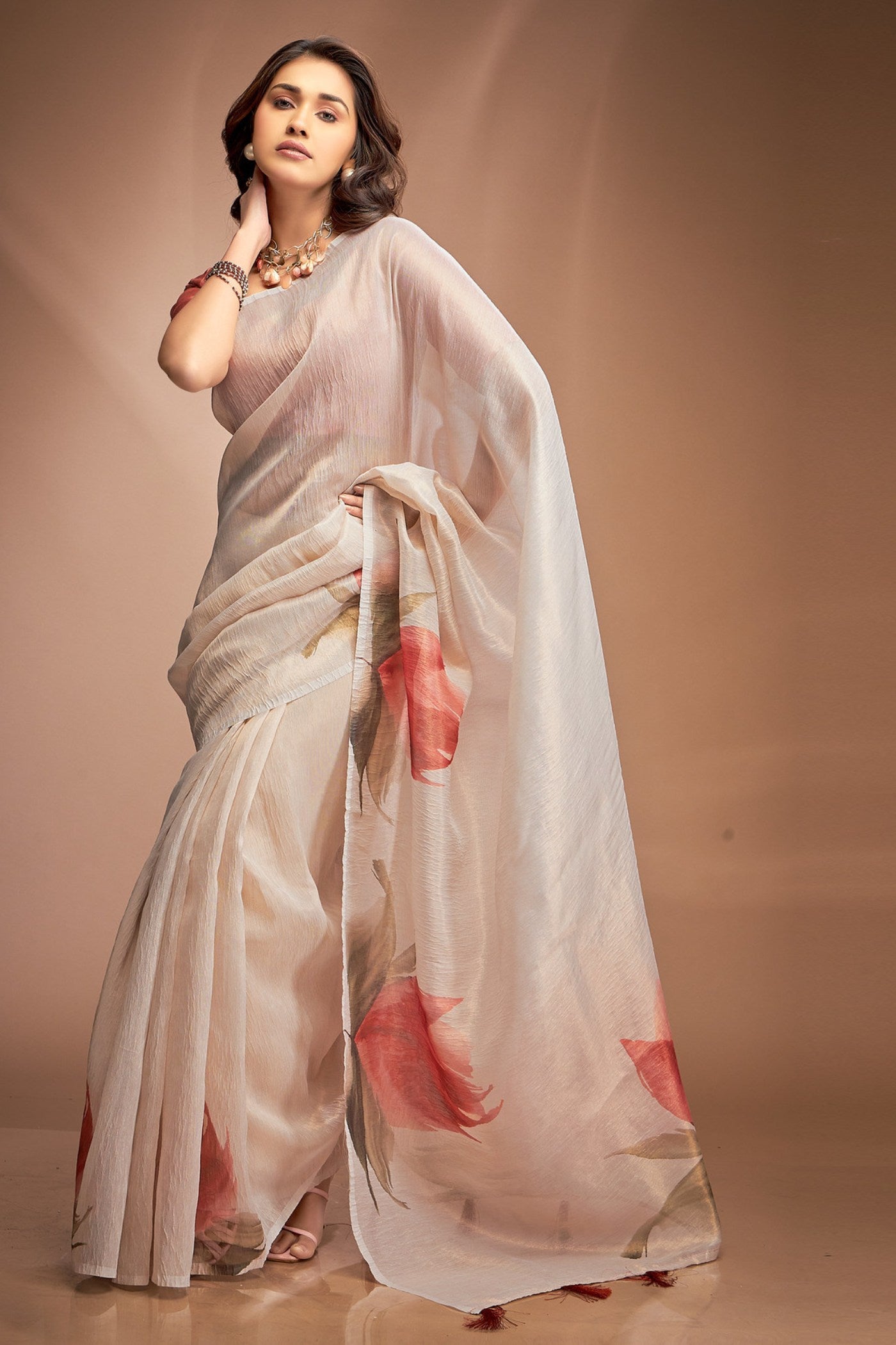 Buy MySilkLove Magnolia White Printed Tissue Saree Online