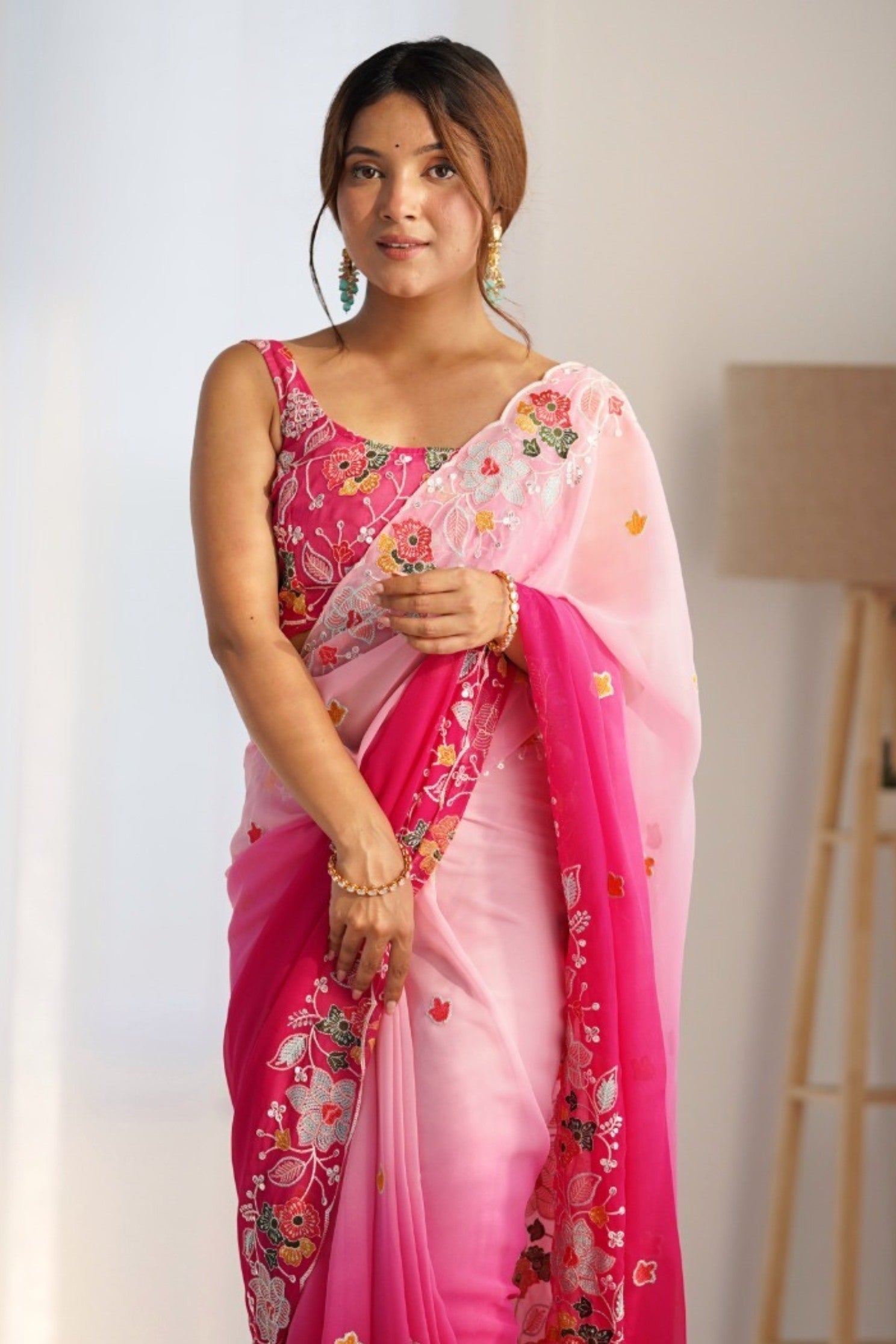 Buy MySilkLove Taffy Pink and White Georgette Saree Online