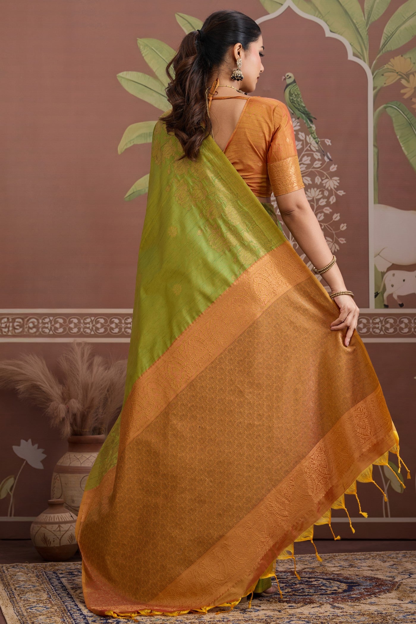 Buy MySilkLove Charteuse Green Banarasi Handloom Tussar Saree Online