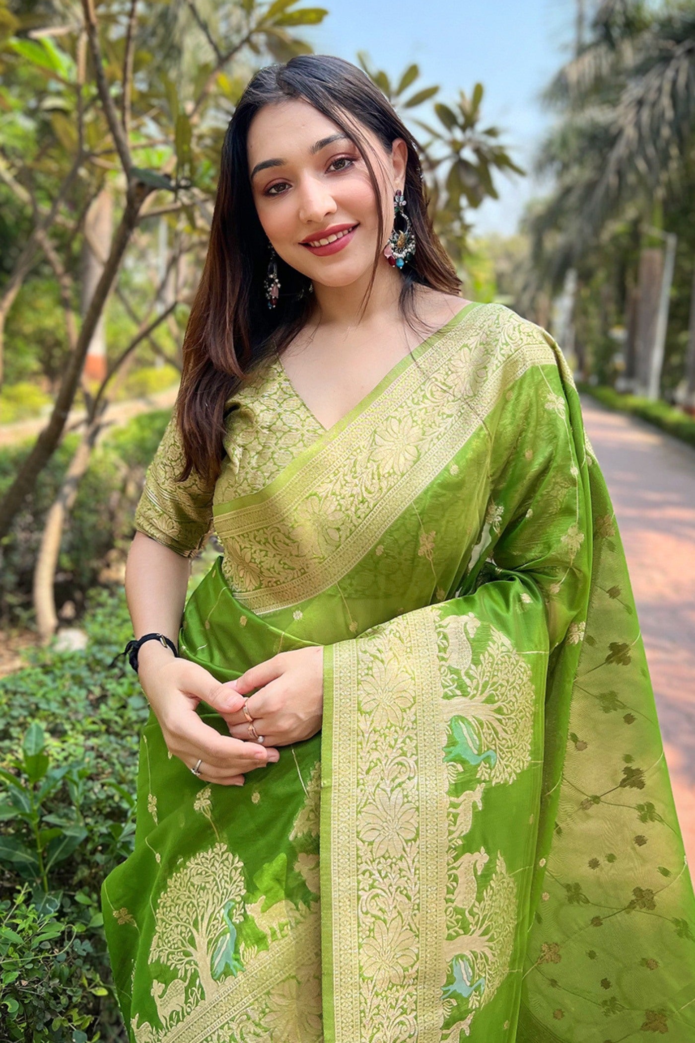 MySilkLove Celery Green Woven Organza Saree