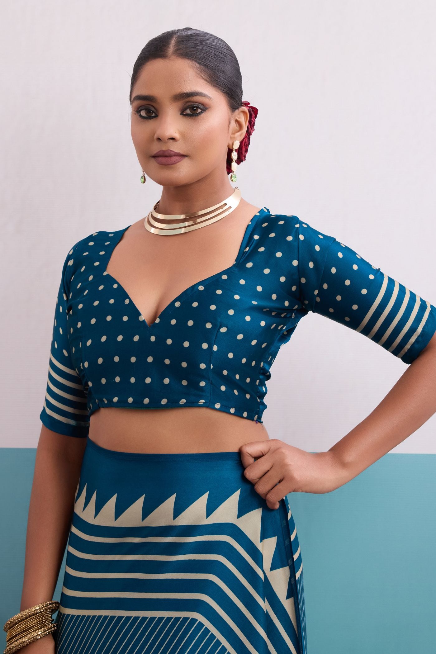 Buy MySilkLove Marine Blue Stripe Ajrakh Printed Satin Crepe Silk Saree Online