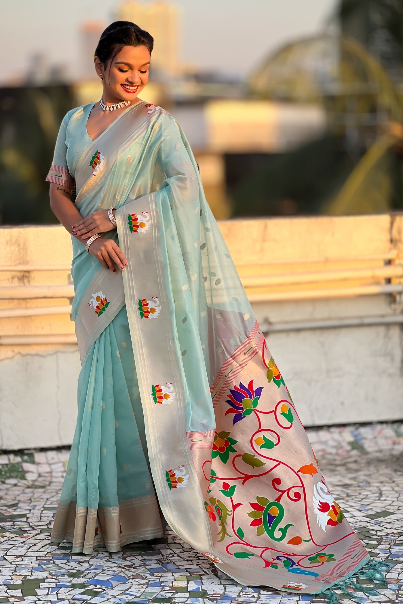 Buy MySilkLove Prussian Blue Organza Woven Paithani Saree Online