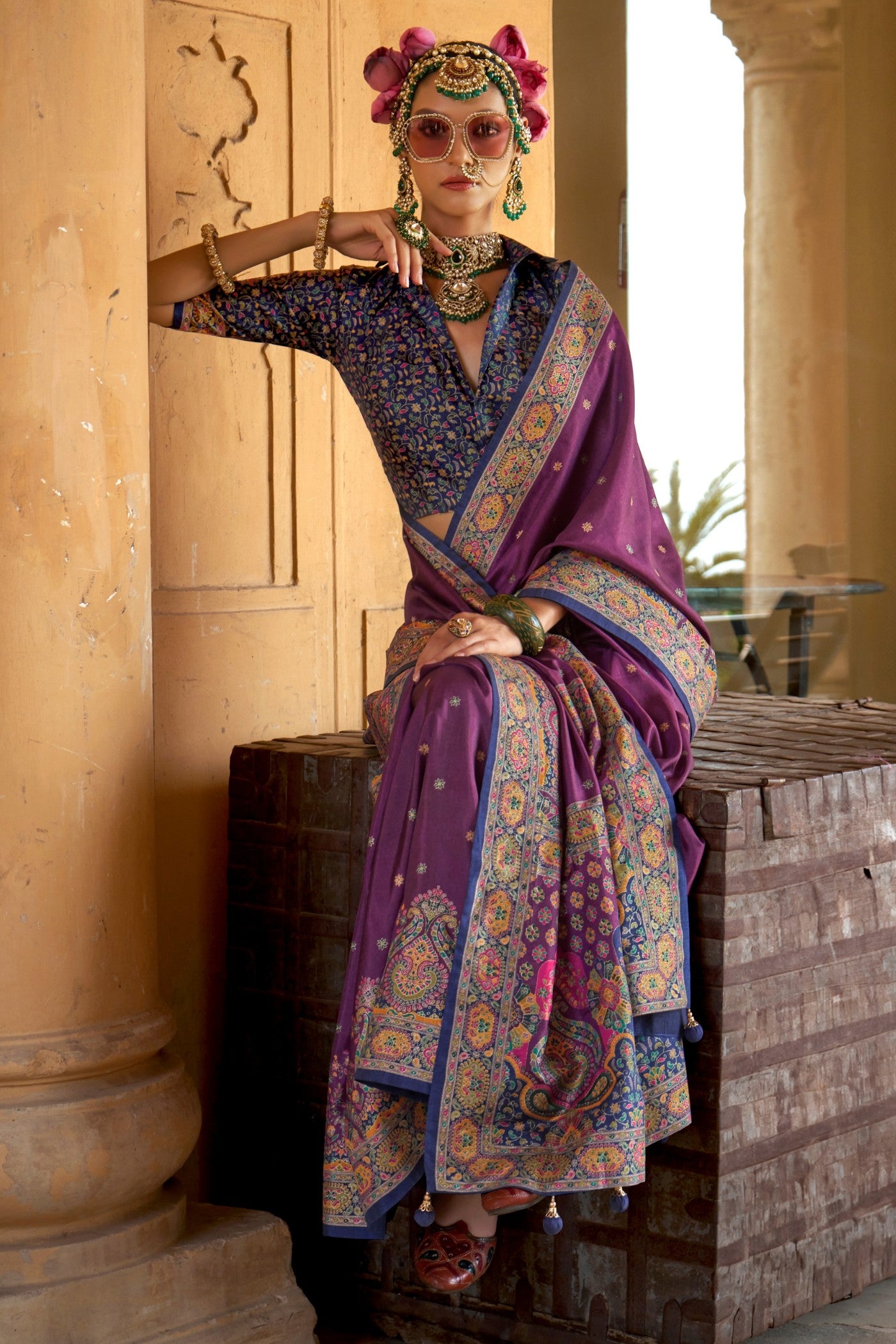 Buy MySilkLove Grape Purple Printed Banarasi Saree Online