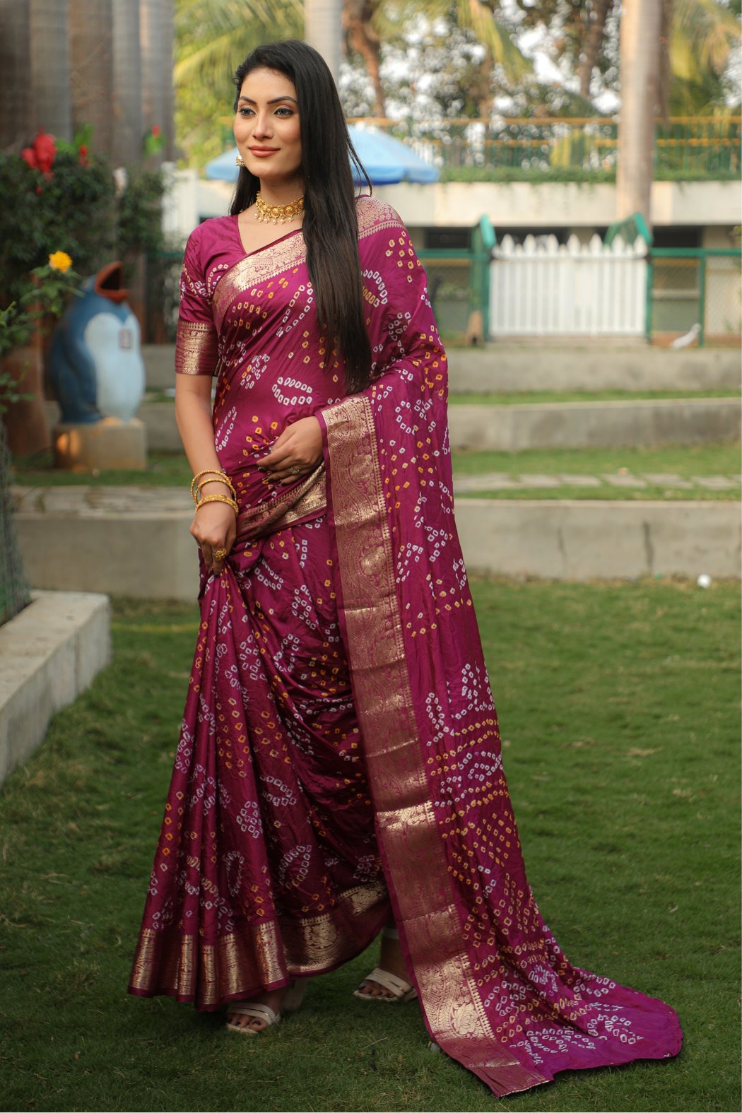 Buy MySilkLove Claret Pink Designer Bandhani Printed Saree Online