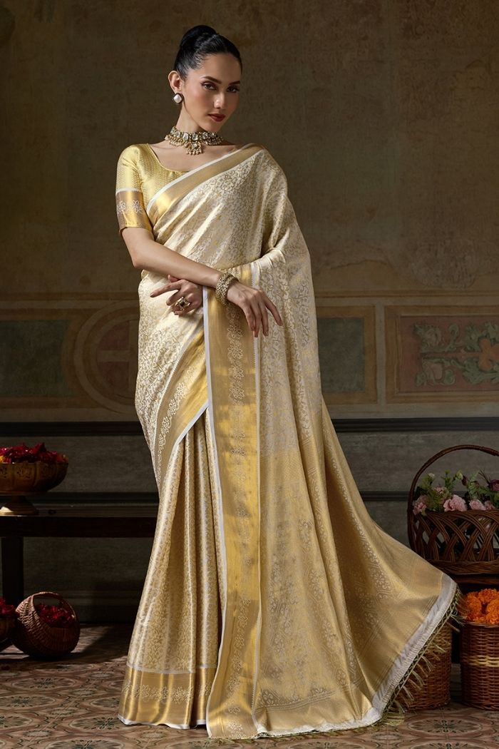 Buy MySilkLove Oyster White Woven Kanjivaram Saree Online