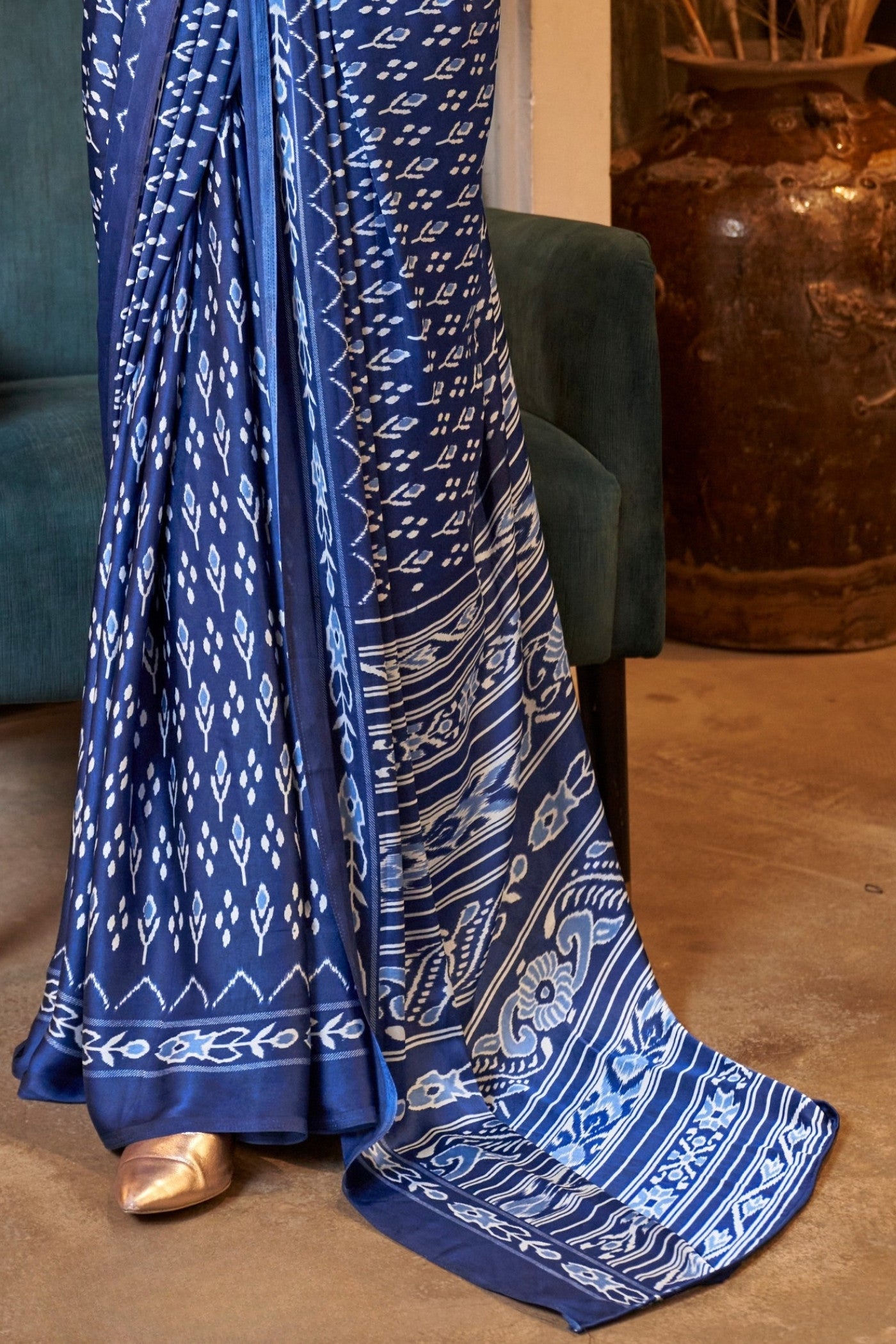 Buy MySilkLove Egyptian Blue Patola Printed Satin Crepe Saree Online