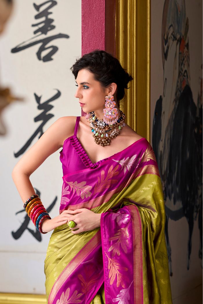 Buy MySilkLove Pesto Green and Pink Banarasi Soft Silk Saree Online