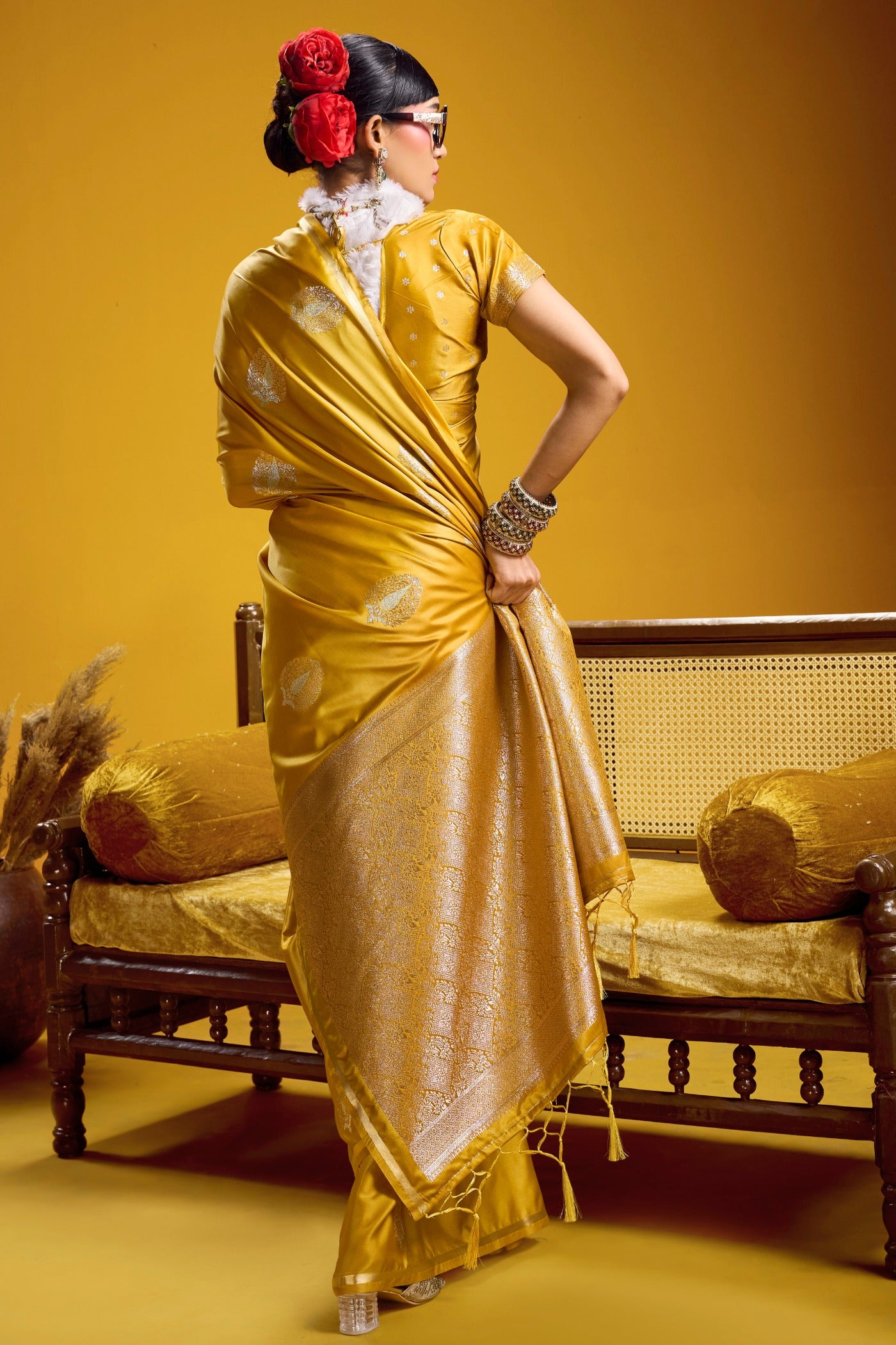 Buy MySilkLove Safety Yellow Handloom Satin Silk Saree Online