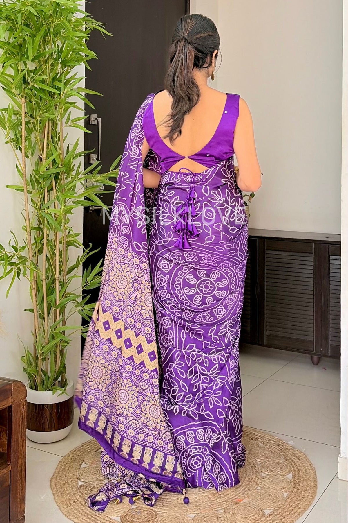 Buy MySilkLove Affair Purple Bandhani Fusion Ajrakh Pallu Mirror Work Saree Online