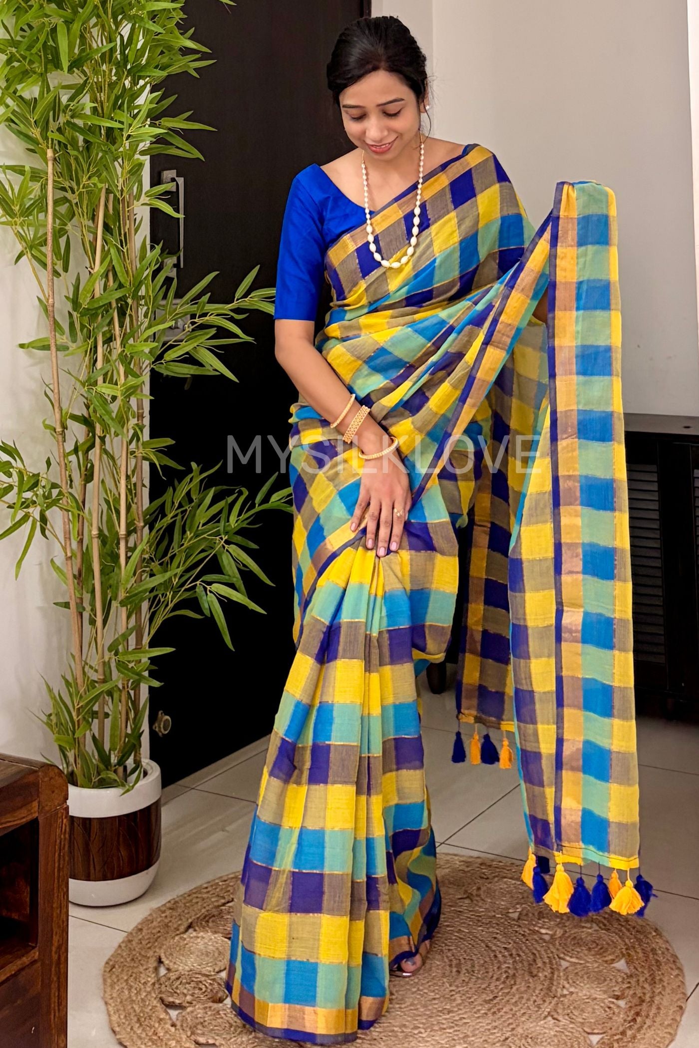 Buy MySilkLove Multicolor Yellow Pure Mul Mul Cotton Checks Pattern Zari woven saree Online