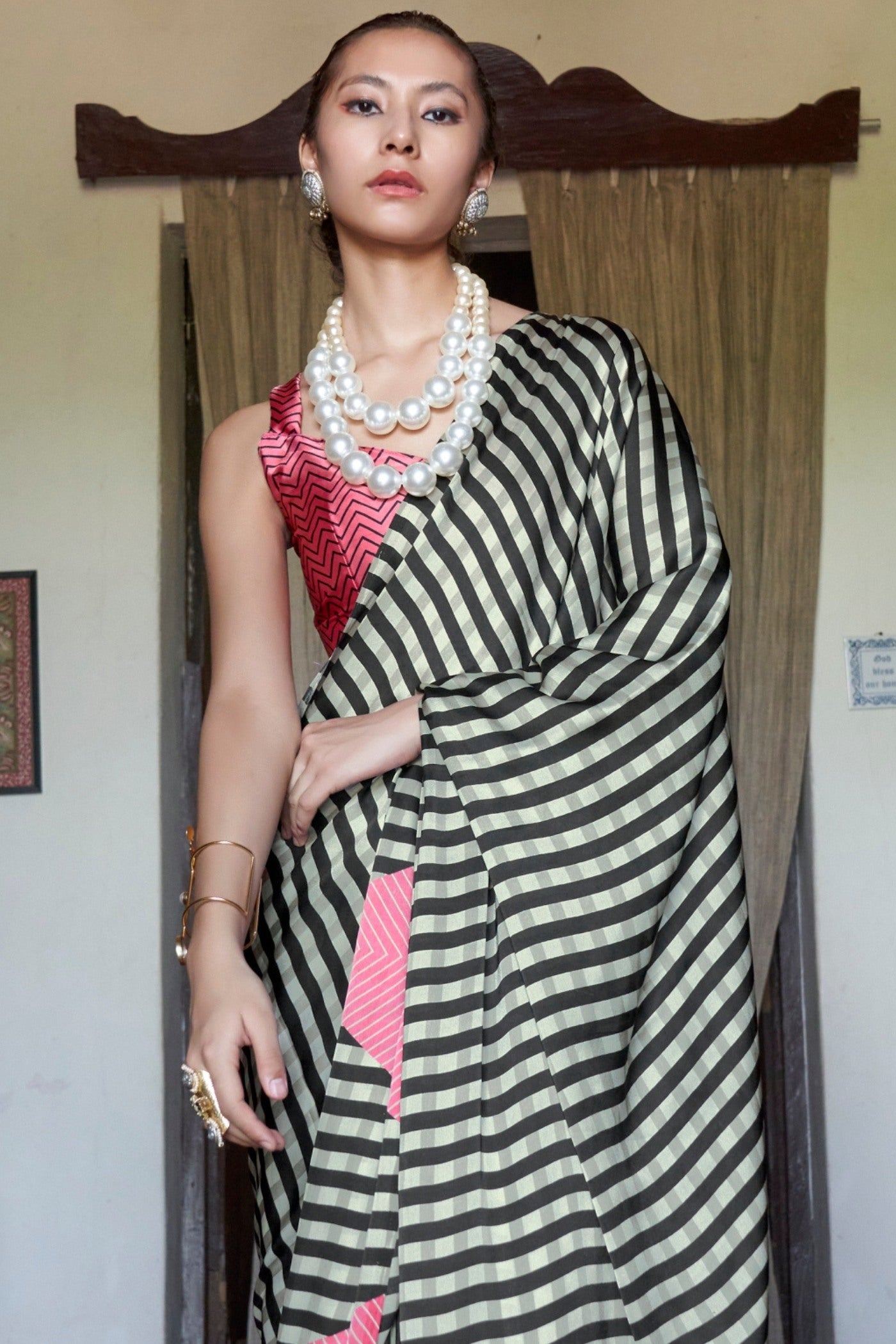 Buy MySilkLove Tuna Black and White Stripes Printed Satin Crepe Silk Saree Online