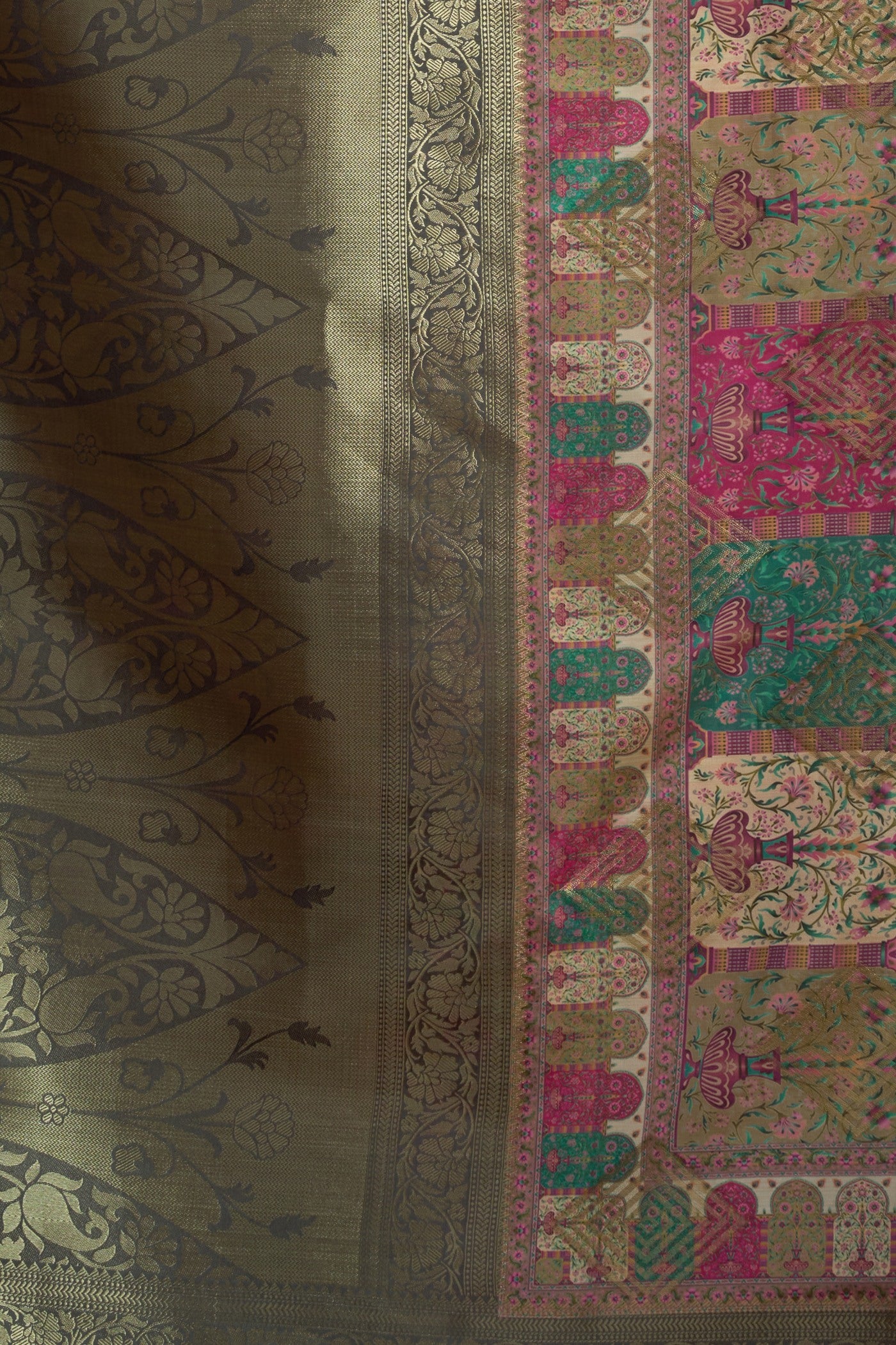Buy MySilkLove Porcelain Cream and Green Digital Printed Banarasi Saree Online