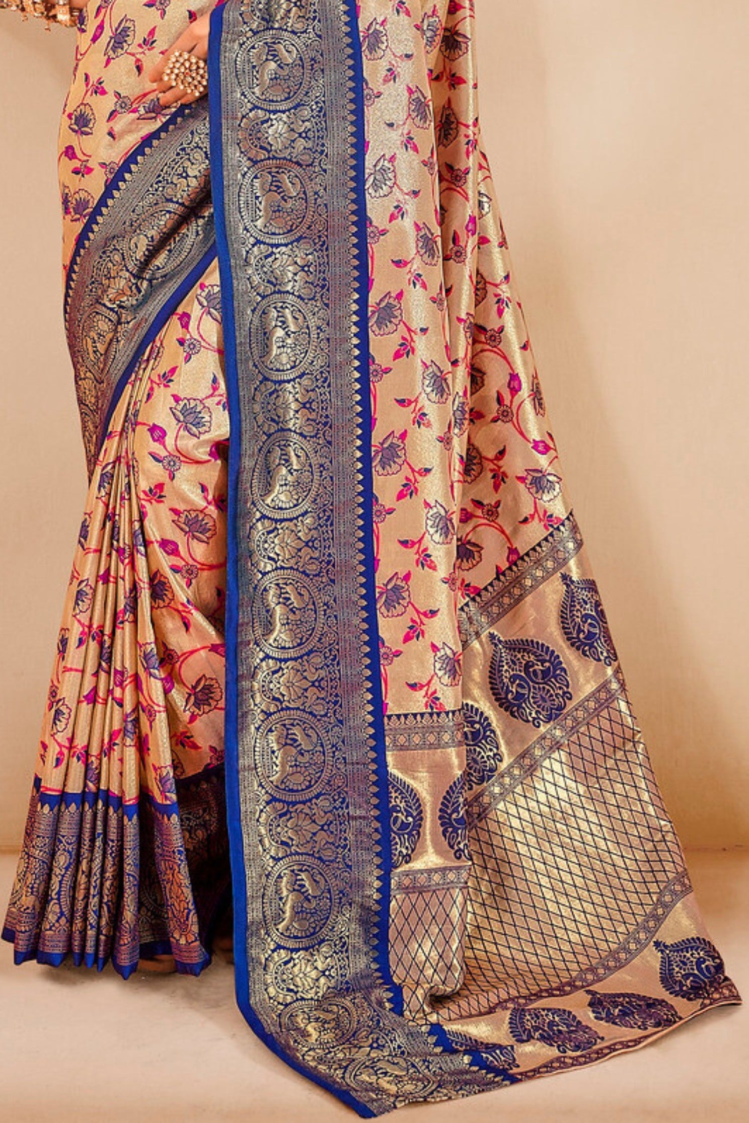 Buy MySilkLove Barley Cream and Blue Zari Woven Banarasi Saree Online