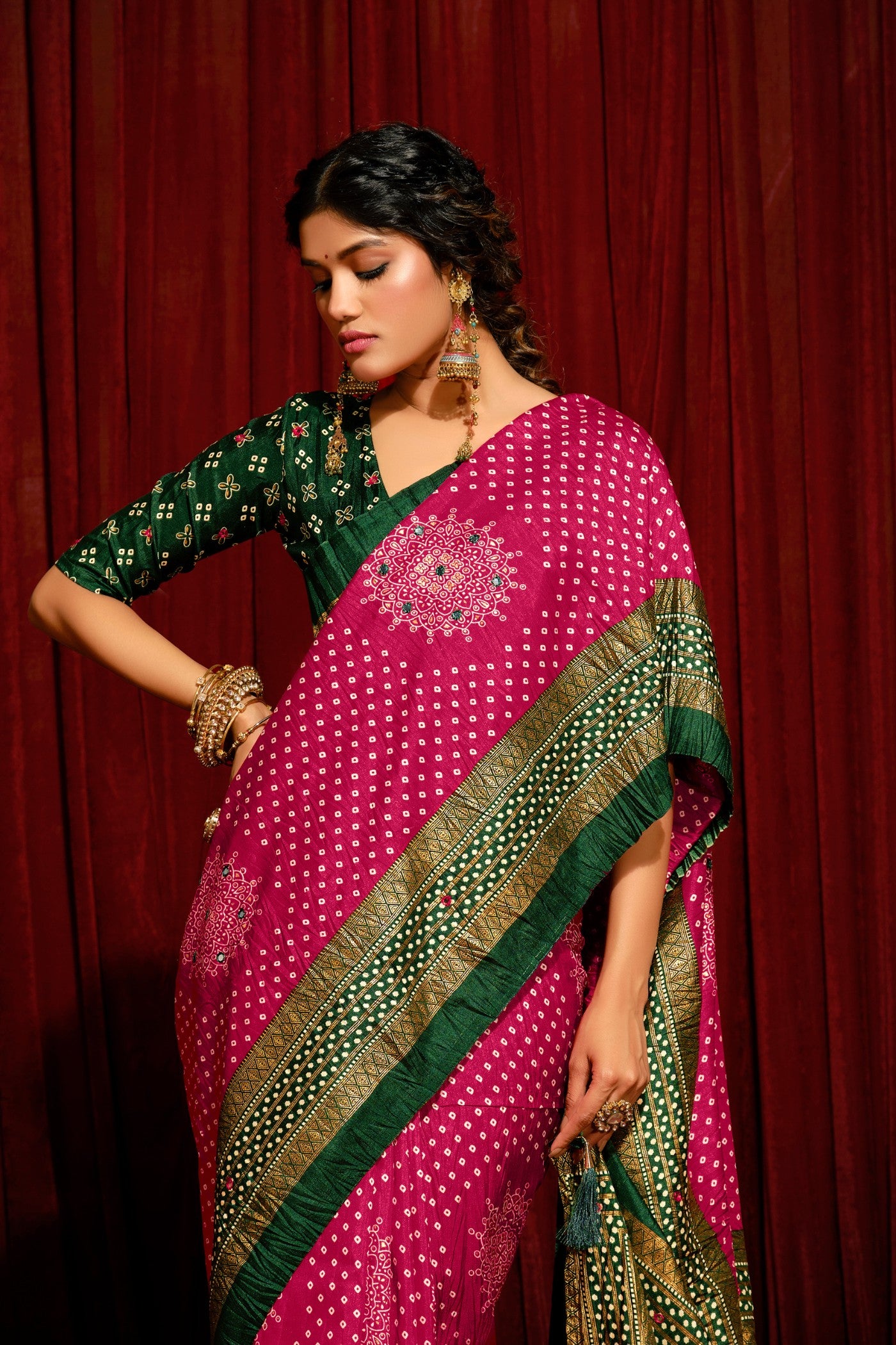 Buy MySilkLove Rosette Pink Tussar Bandhani Silk Saree Online