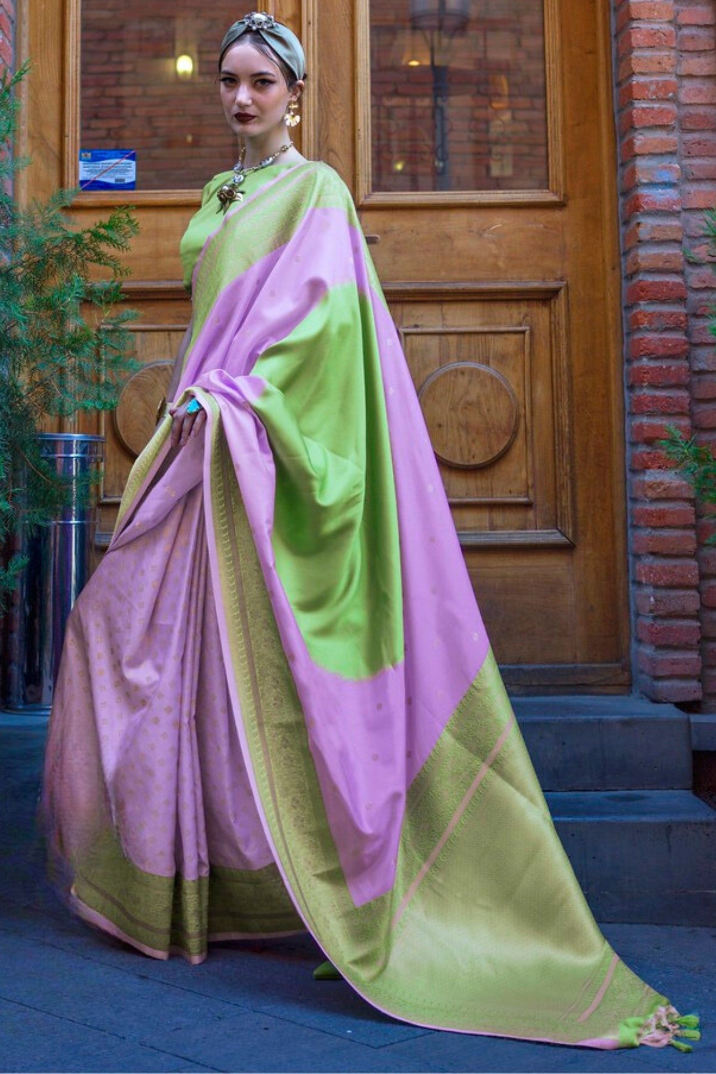 MySilkLove Lavender and Green Banarasi Handloom Saree