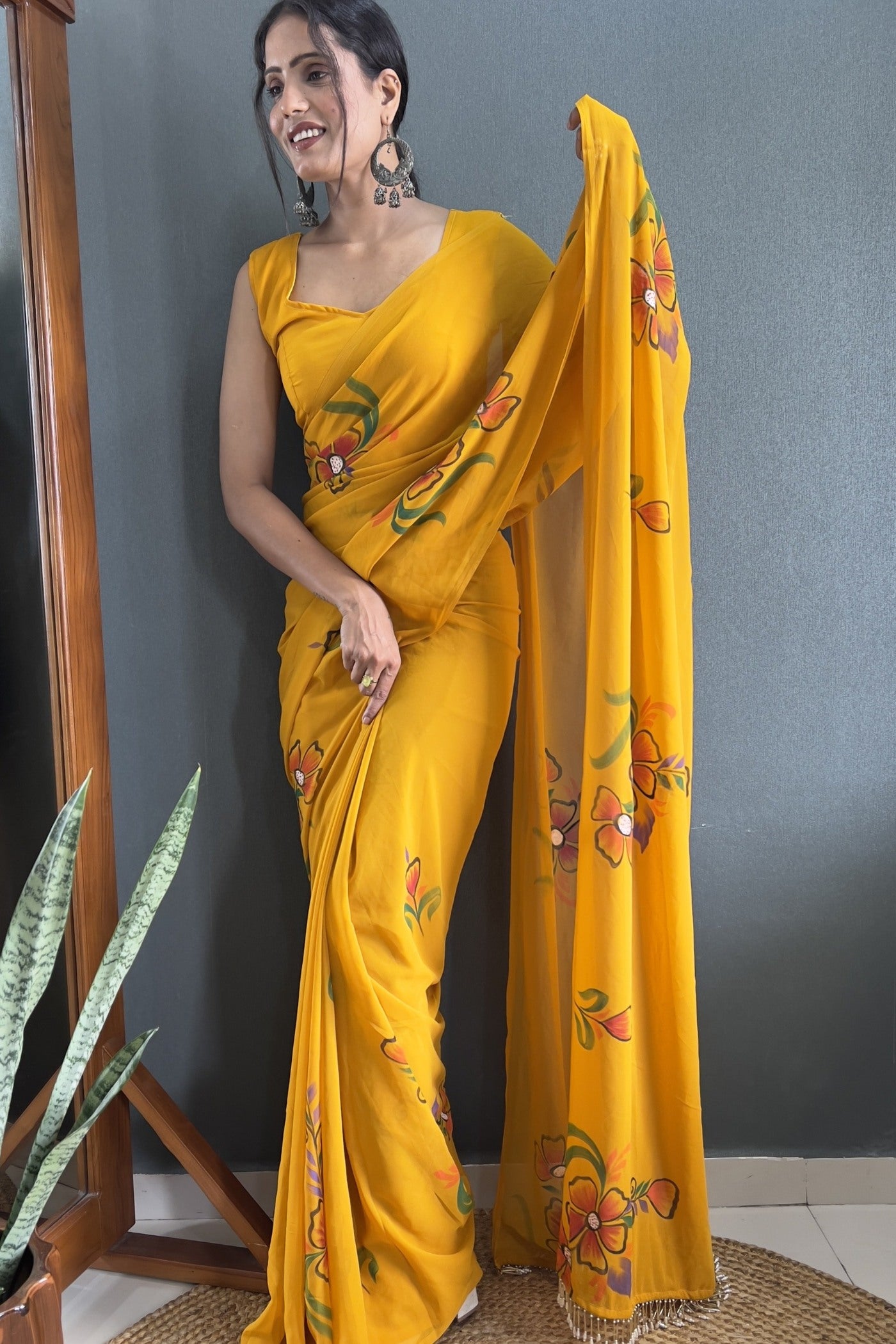 Buy MySilkLove Calla lily Yellow Hand Painted Georgette Saree Online