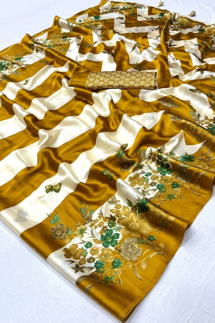 Buy MySilkLove Tulip Yellow Stripe Printed Floral Satin Gaji Silk Saree Online