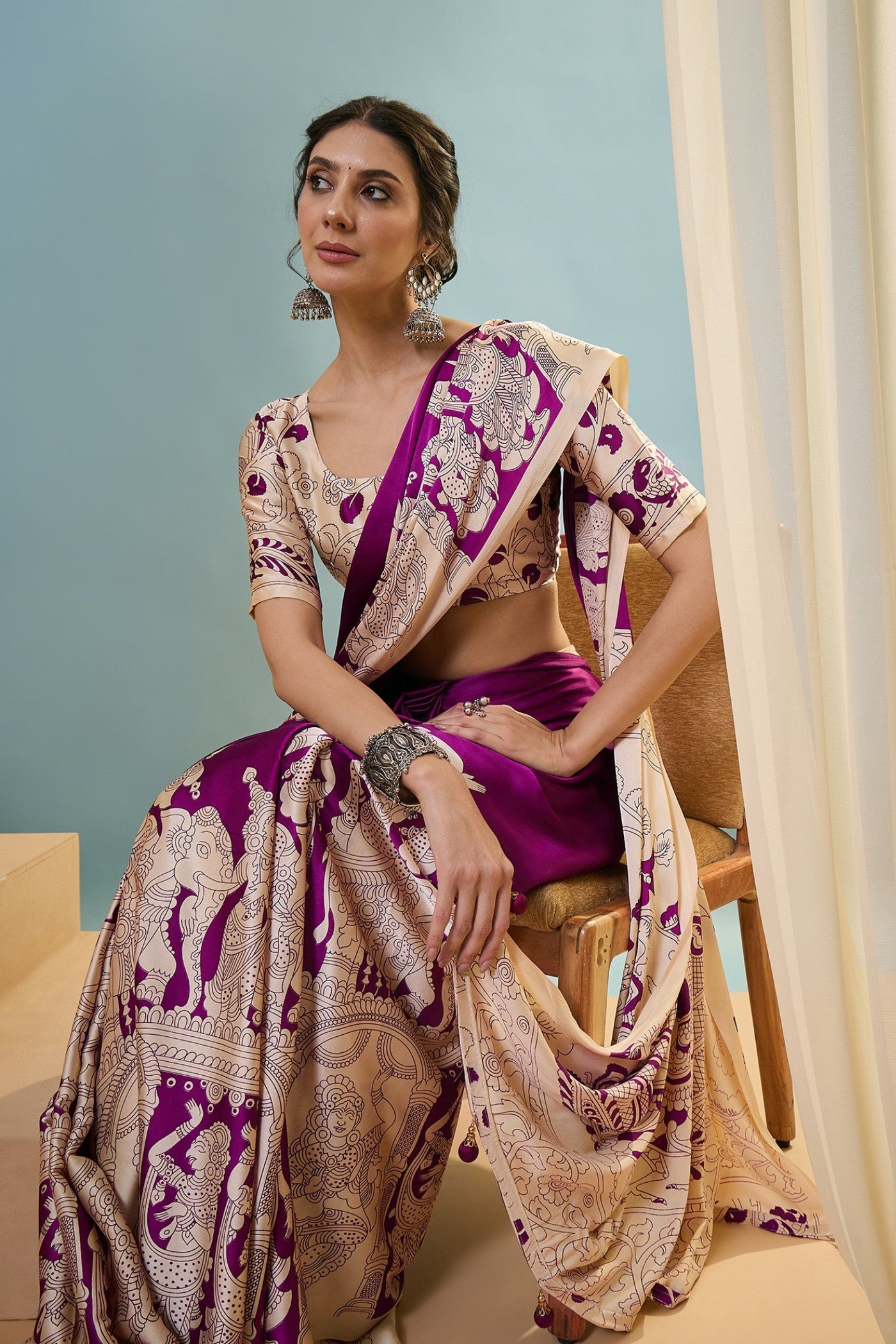 Buy MySilkLove Jam Purple Ajrakh Printed Satin Crepe Silk Saree Online