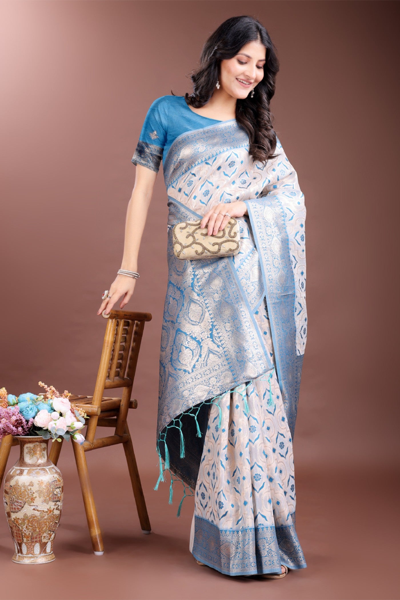 Buy MySilkLove Steel Blue and White Linen Cotton Saree Online