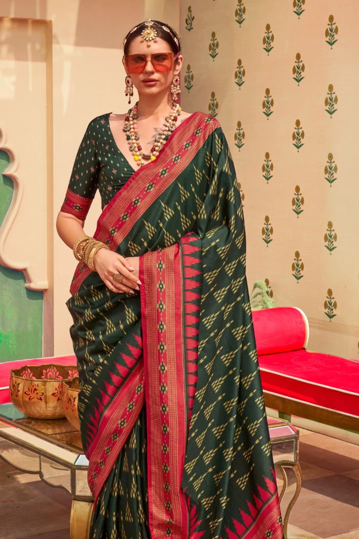 Buy MySilkLove Cadmium Green Printed Banarasi Soft Silk Saree Online