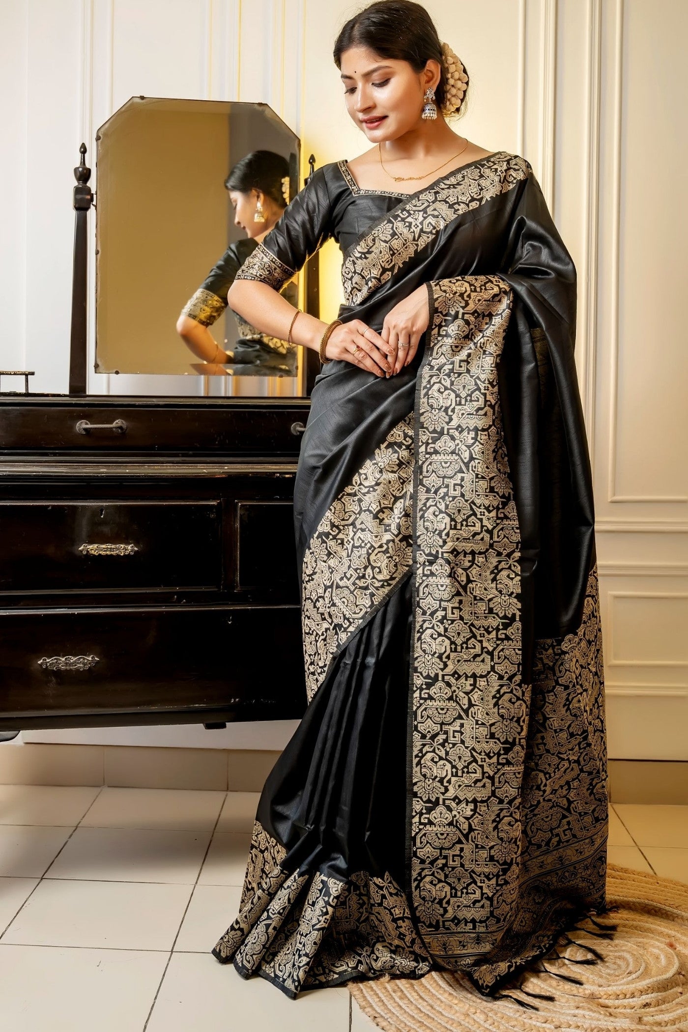 Buy MySilkLove Raisin Black Banarasi Handloom Raw Silk Saree Online