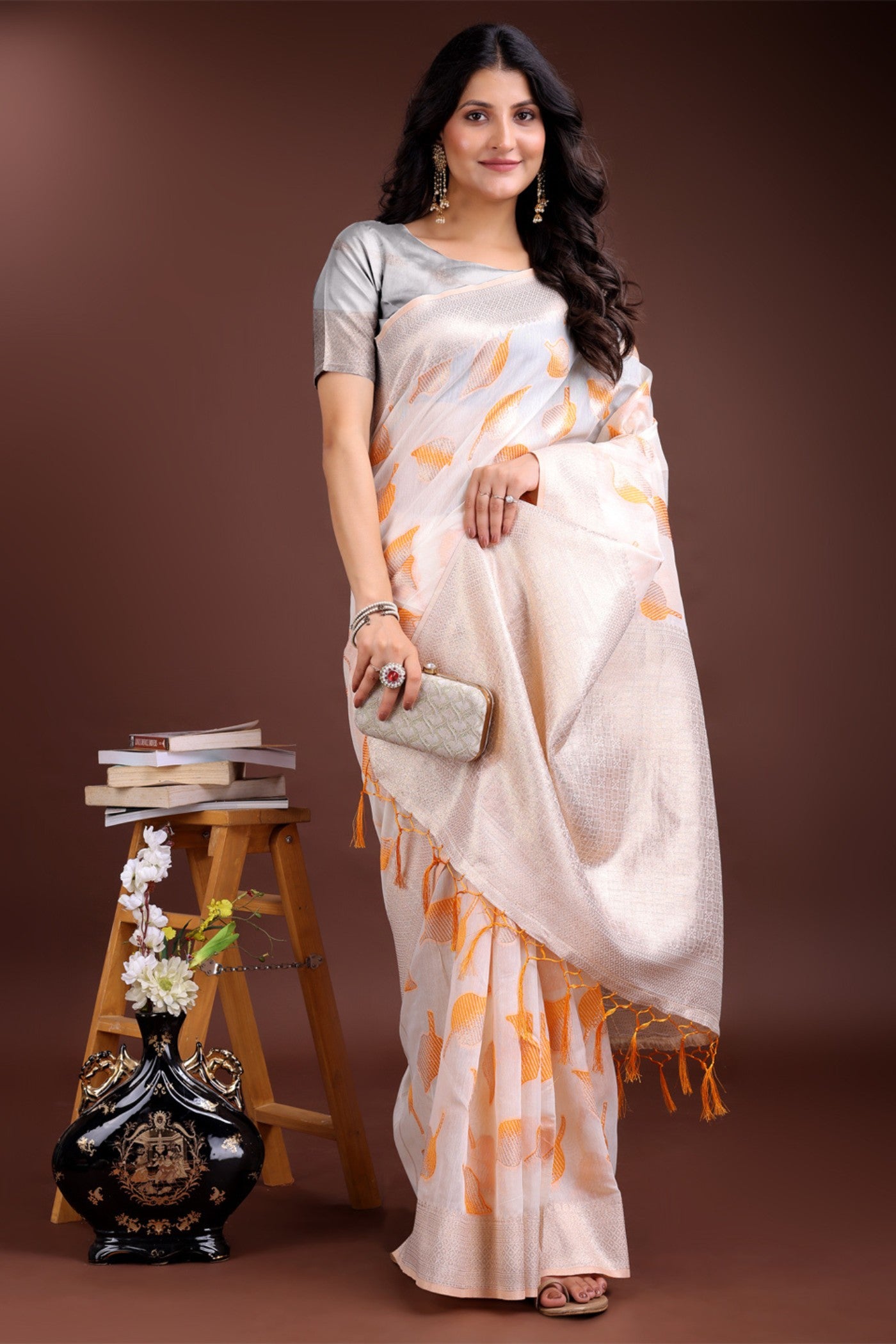 MySilkLove Mogra White and Orange Woven Cotton Saree