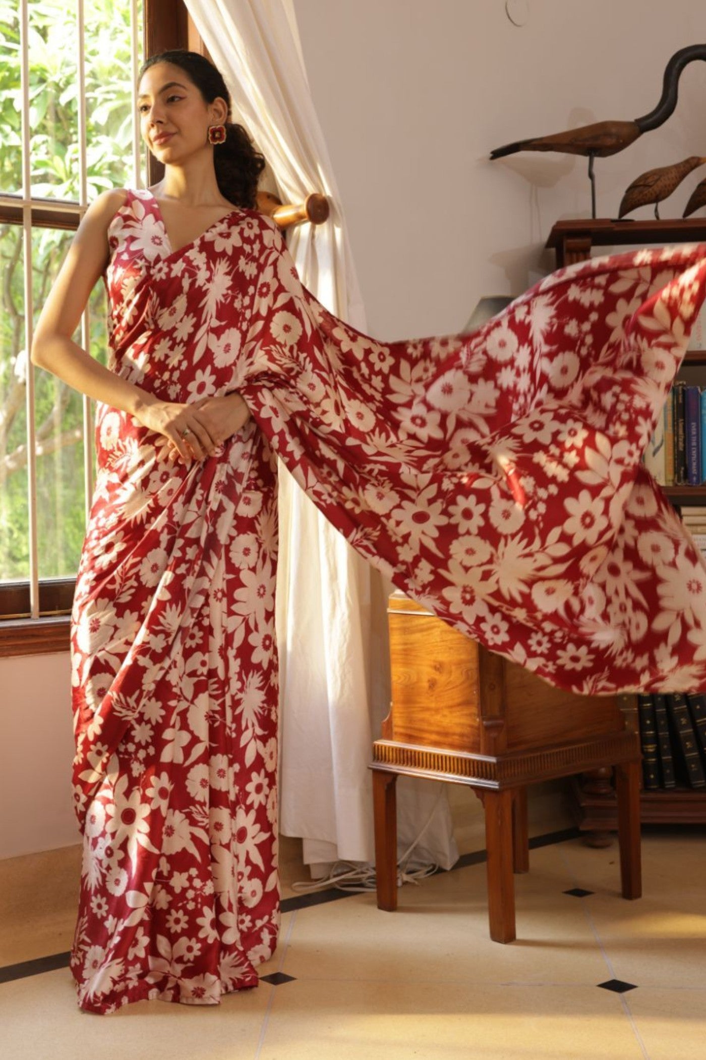 MySilkLove Royal Maroon Floral Printed Satin Silk Saree