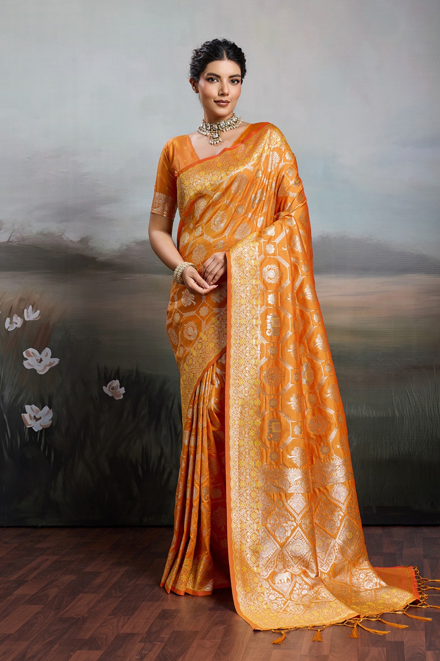 Buy MySilkLove Gold Yellow Woven Banarasi Soft Silk Saree Online