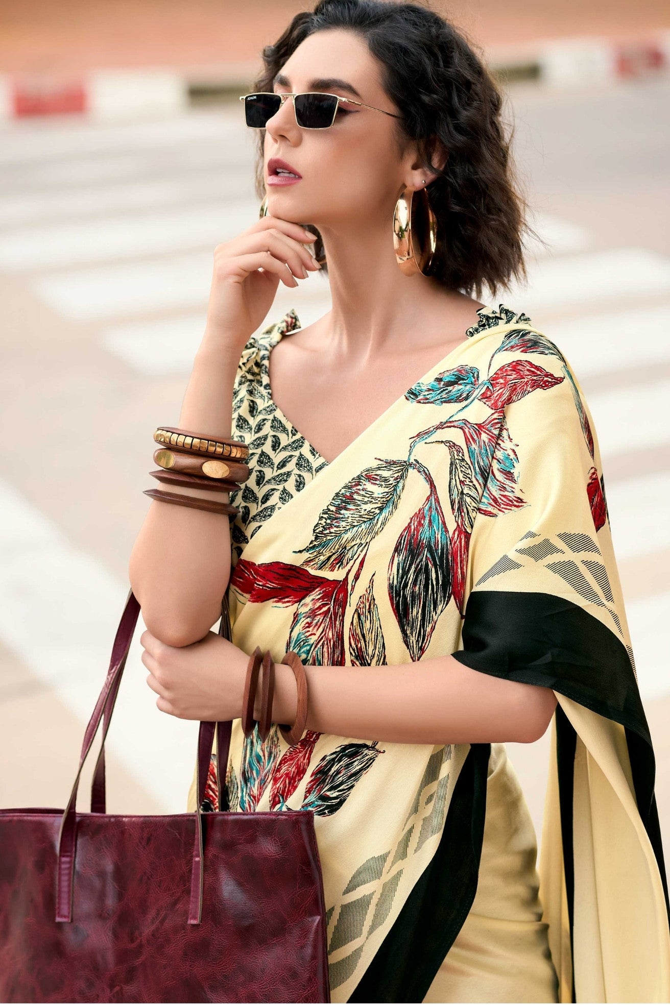 MySilkLove Bisque Cream Printed Satin Crepe Saree