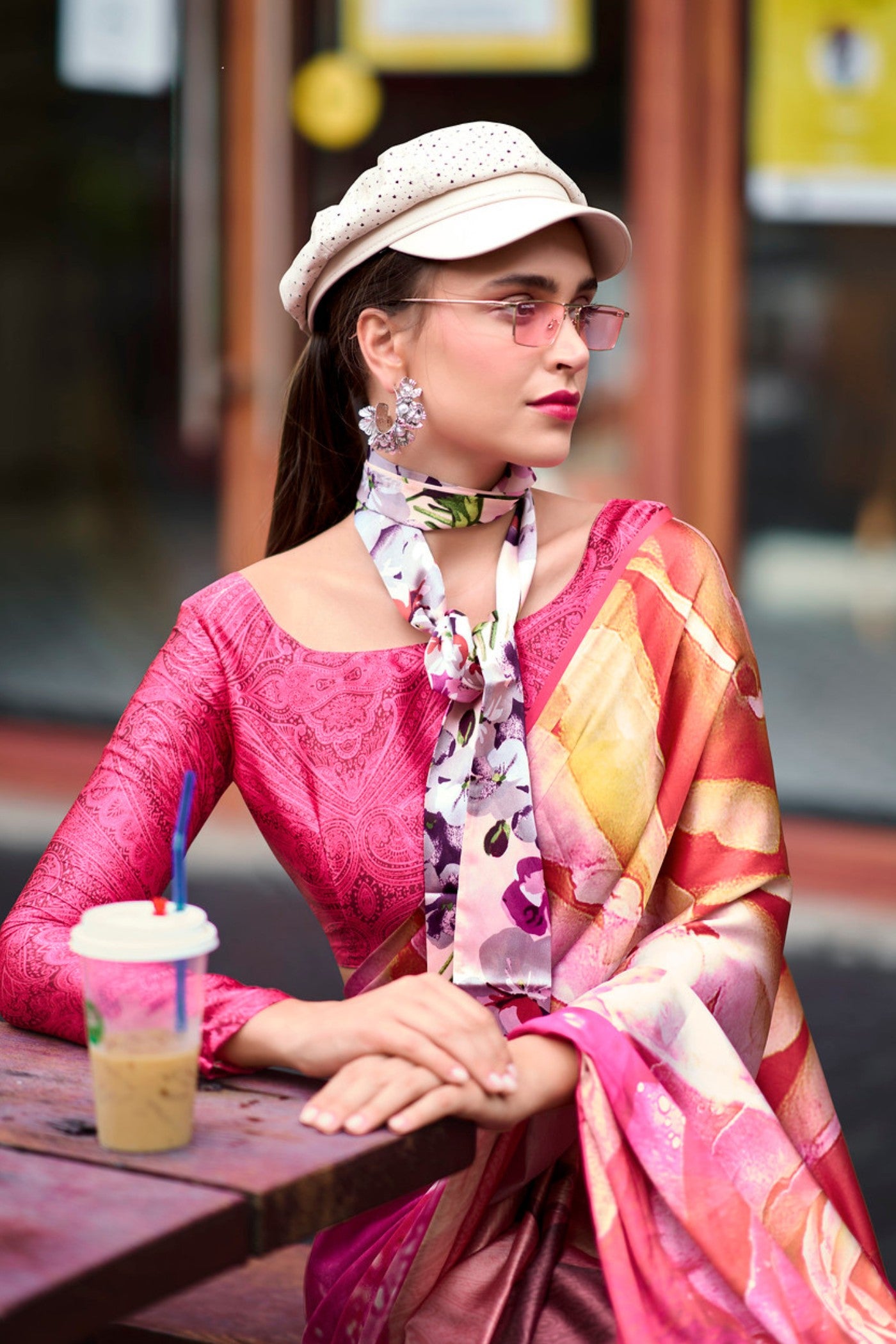 Buy MySilkLove Rusty Red and Pink Printed Satin Crepe Silk Saree Online